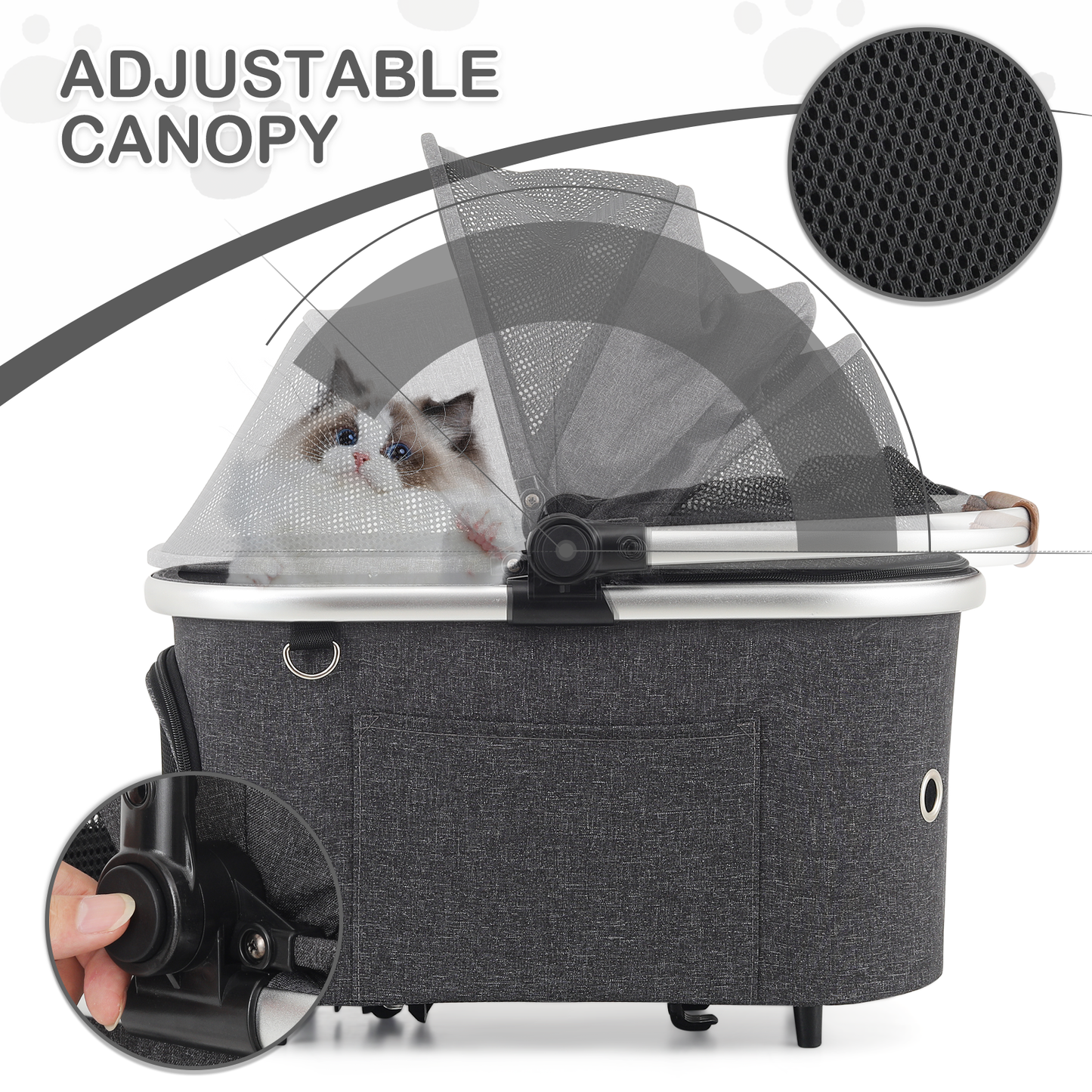 Pet Stroller 33 lbs Capacity - (L)17.5in. (W)30.0in. (H)40.5in. - Detachable Basket - Aluminum Frame - Multi-angle Handle - 4 Wheels