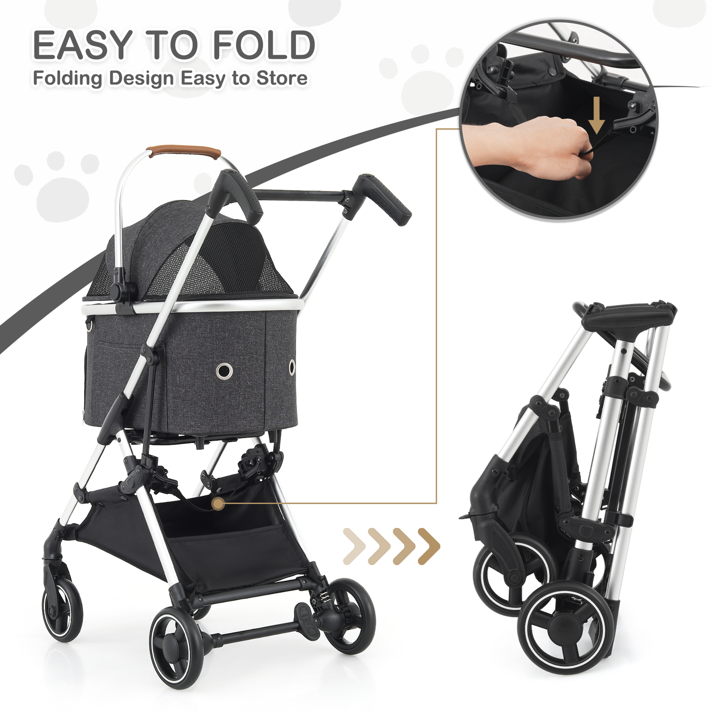 Pet Stroller 33 lbs Capacity - (L)17.5in. (W)30.0in. (H)40.5in. - Detachable Basket - Aluminum Frame - Multi-angle Handle - 4 Wheels