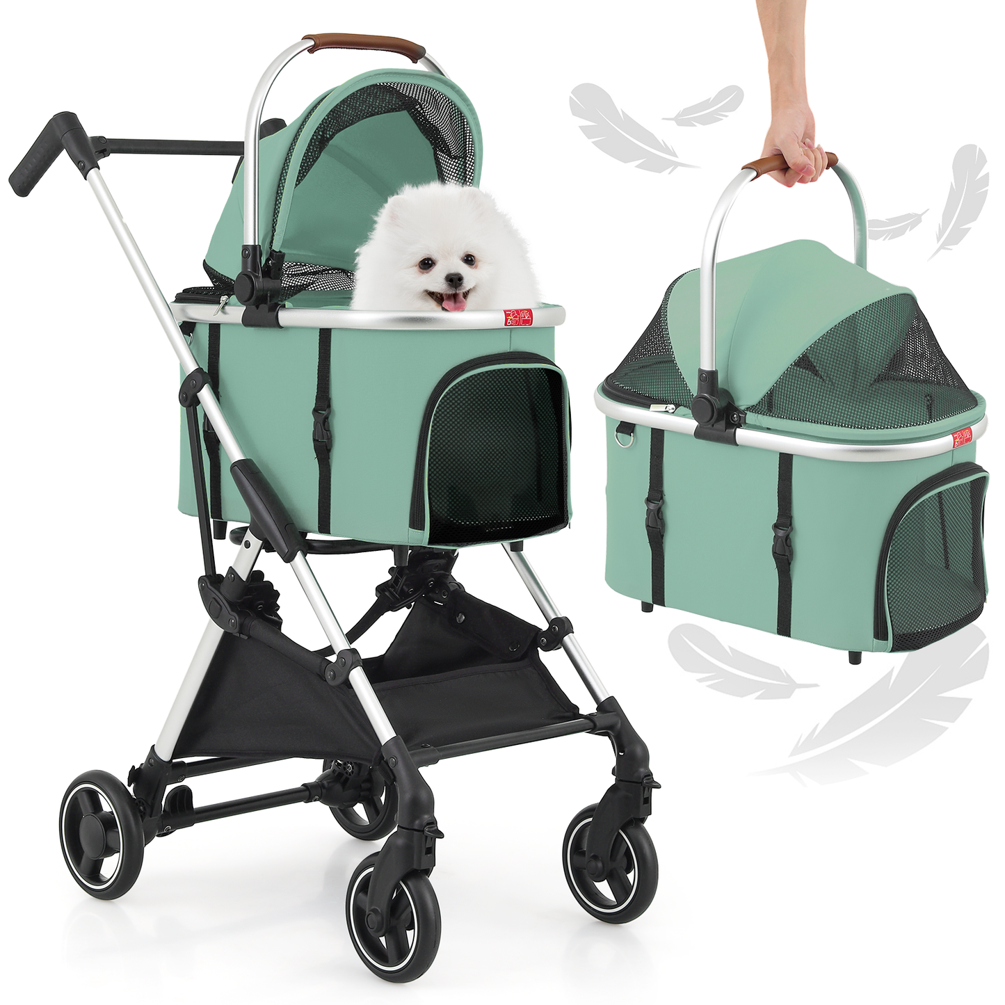 Pet Stroller 33 lbs Capacity - (L)17.5in. (W)30.0in. (H)40.5in. - Detachable Basket - Aluminum Frame - Multi-angle Handle - 4 Wheels