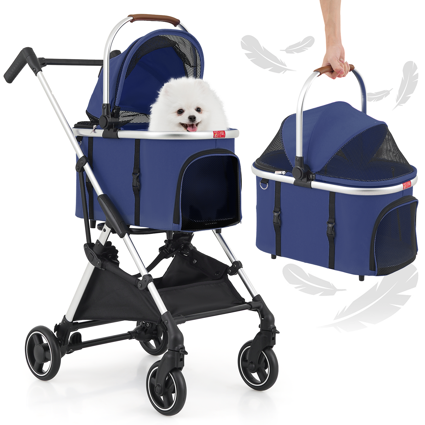 Pet Stroller 33 lbs Capacity - (L)17.5in. (W)30.0in. (H)40.5in. - Detachable Basket - Aluminum Frame - Multi-angle Handle - 4 Wheels