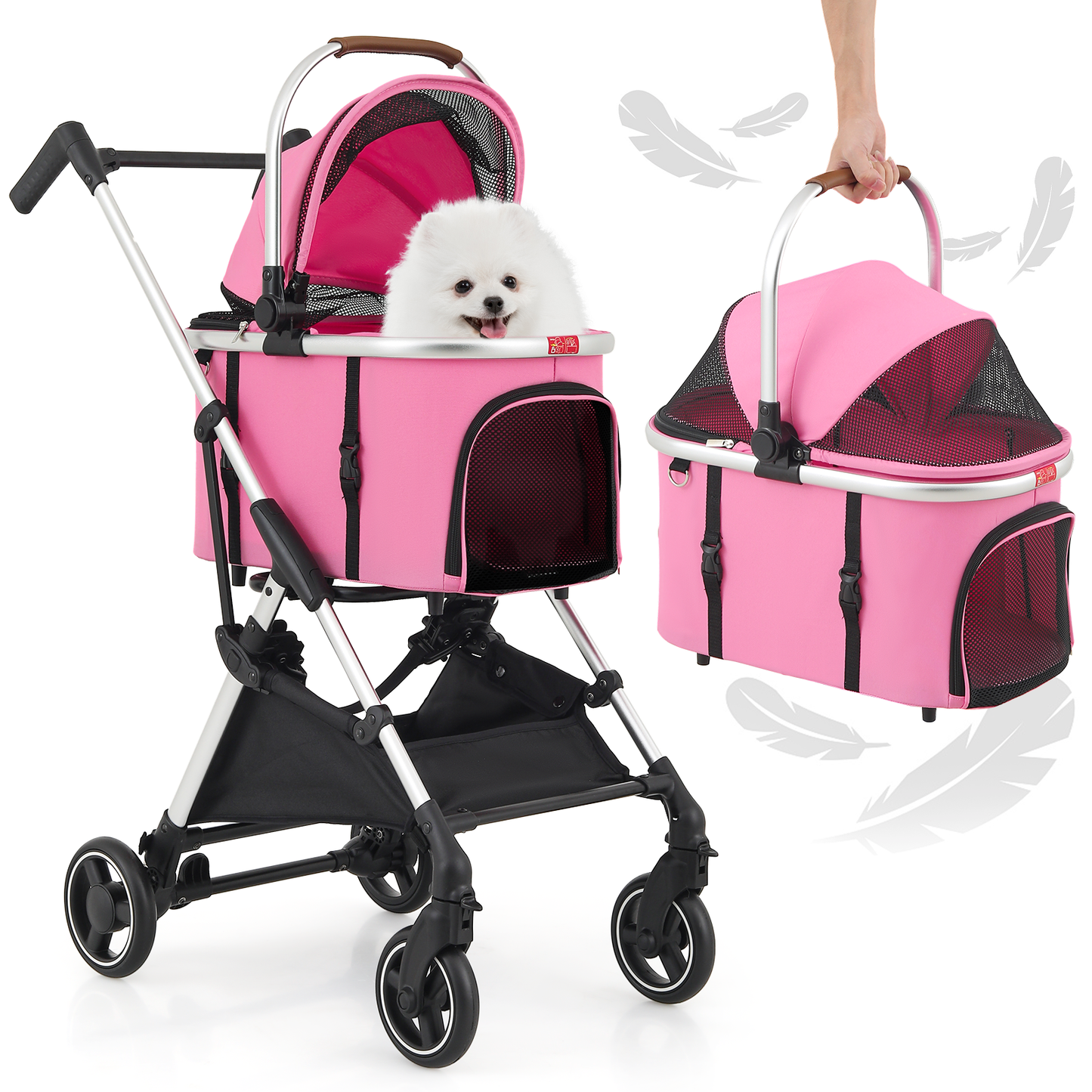 Pet Stroller 33 lbs Capacity - (L)17.5in. (W)30.0in. (H)40.5in. - Detachable Basket - Aluminum Frame - Multi-angle Handle - 4 Wheels