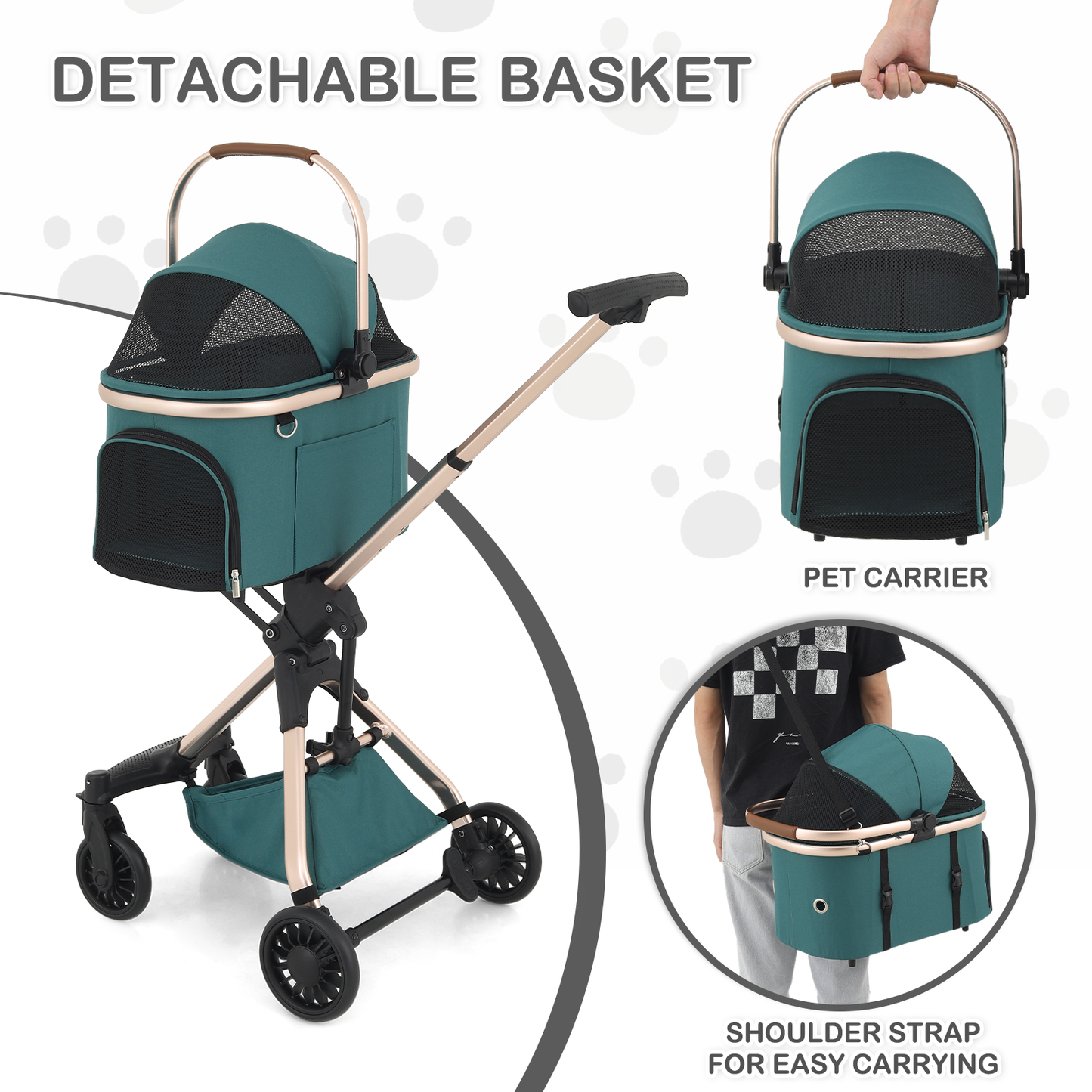 Pet Stroller 22 lbs Capacity - (L)19.0in. (W)32.0in. (H)35-38in. - Detachable Basket - Aluminum Frame - Retractable Handle - 4 Wheels