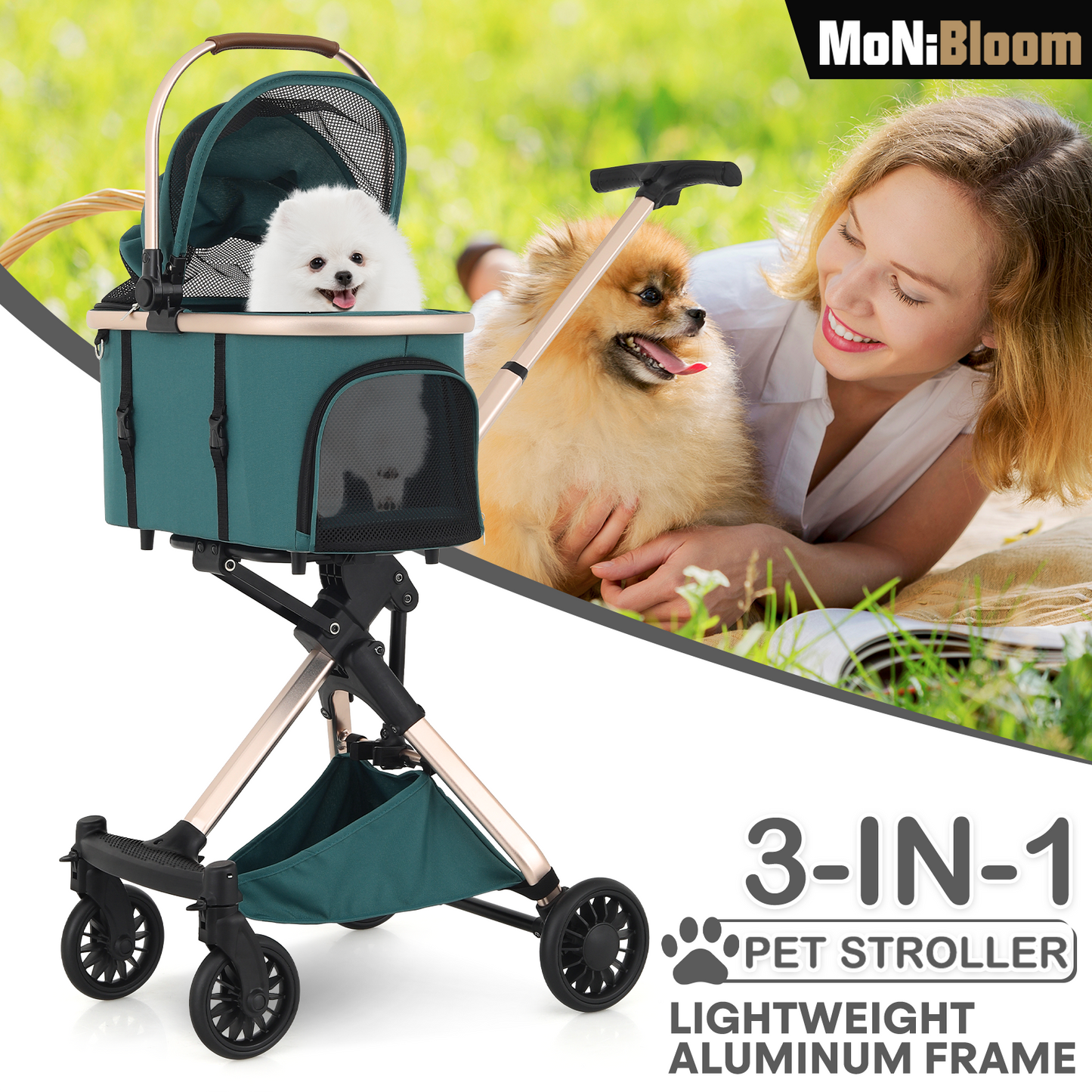 Pet Stroller 22 lbs Capacity - (L)19.0in. (W)32.0in. (H)35-38in. - Detachable Basket - Aluminum Frame - Retractable Handle - 4 Wheels