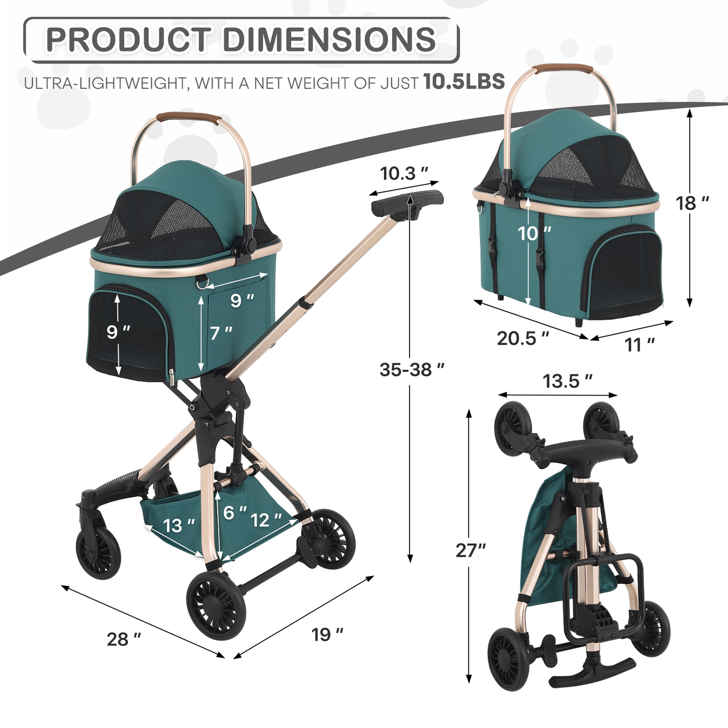 Pet Stroller 22 lbs Capacity - (L)19.0in. (W)32.0in. (H)35-38in. - Detachable Basket - Aluminum Frame - Retractable Handle - 4 Wheels