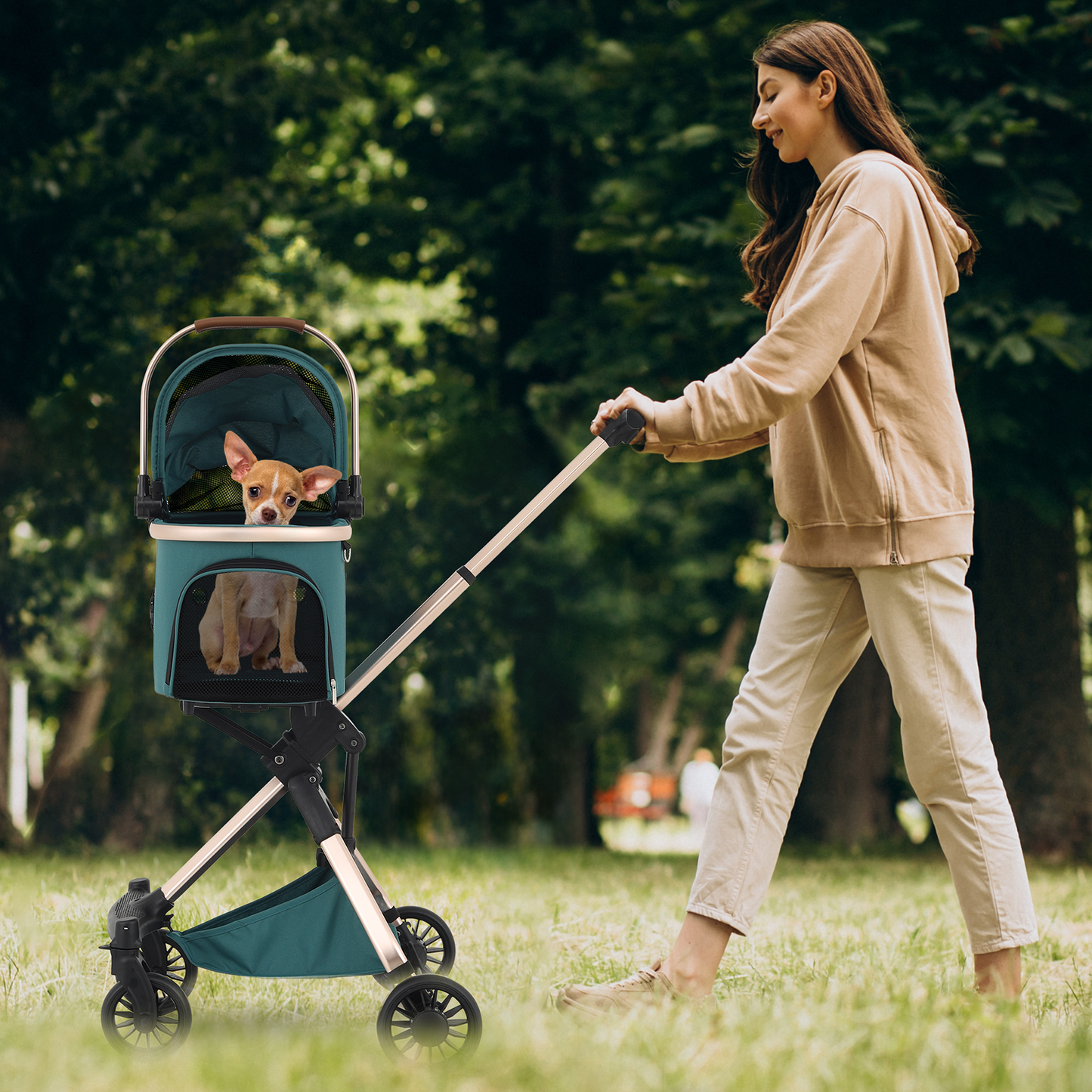 Pet Stroller 22 lbs Capacity - (L)19.0in. (W)32.0in. (H)35-38in. - Detachable Basket - Aluminum Frame - Retractable Handle - 4 Wheels