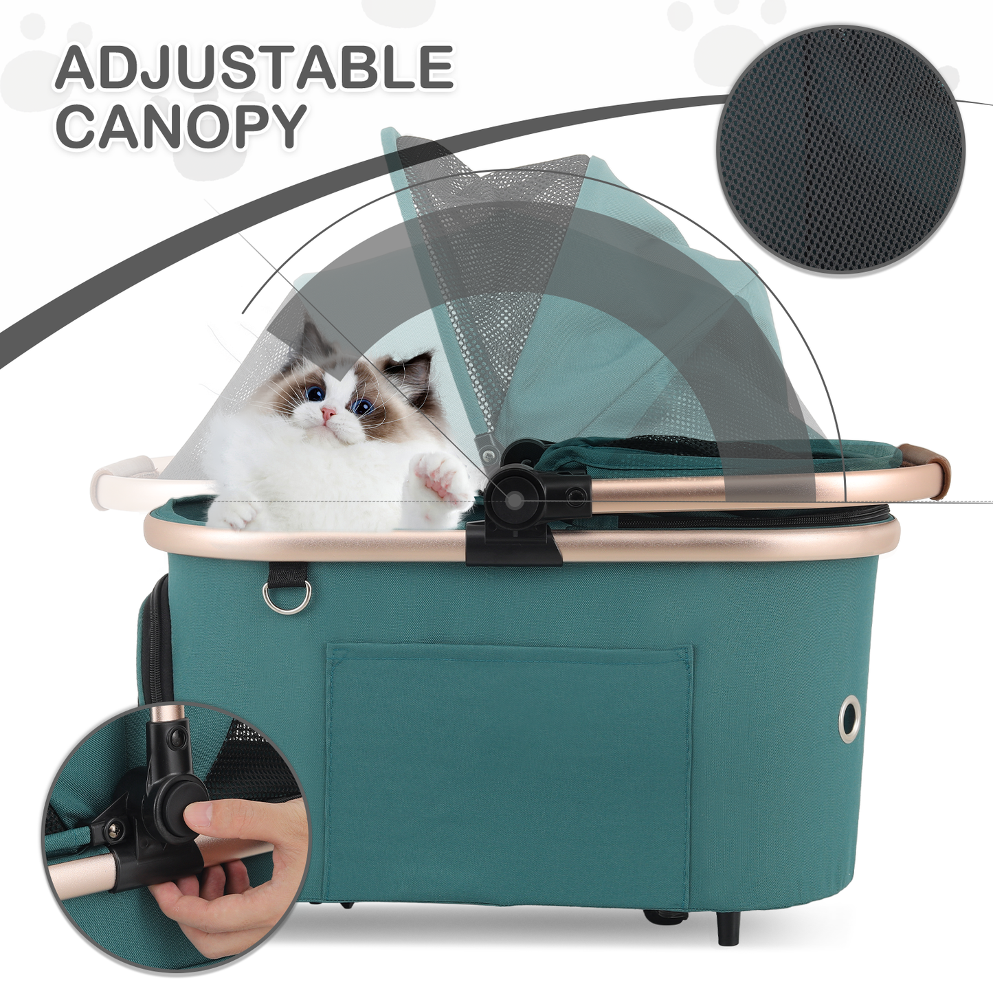 Pet Stroller 22 lbs Capacity - (L)19.0in. (W)32.0in. (H)35-38in. - Detachable Basket - Aluminum Frame - Retractable Handle - 4 Wheels