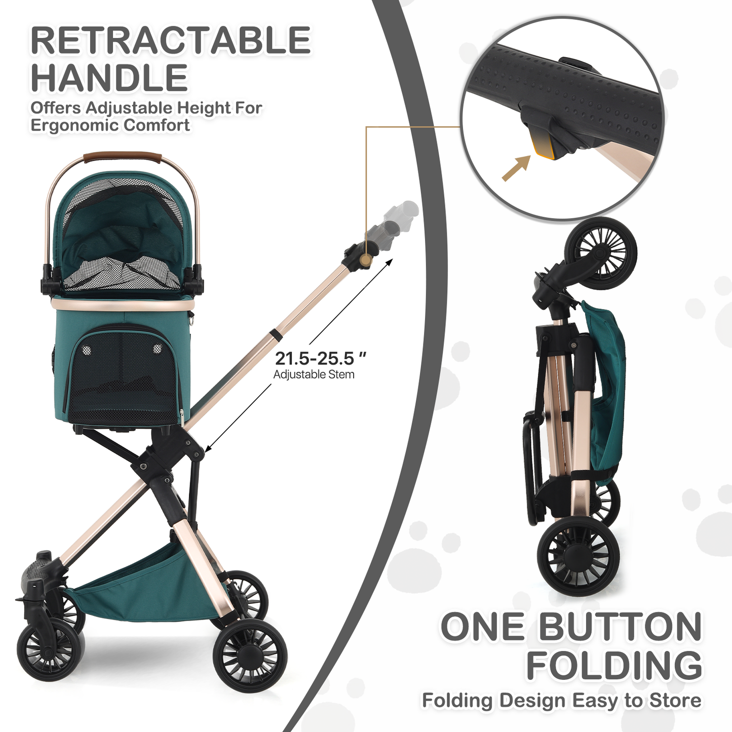 Pet Stroller 22 lbs Capacity - (L)19.0in. (W)32.0in. (H)35-38in. - Detachable Basket - Aluminum Frame - Retractable Handle - 4 Wheels