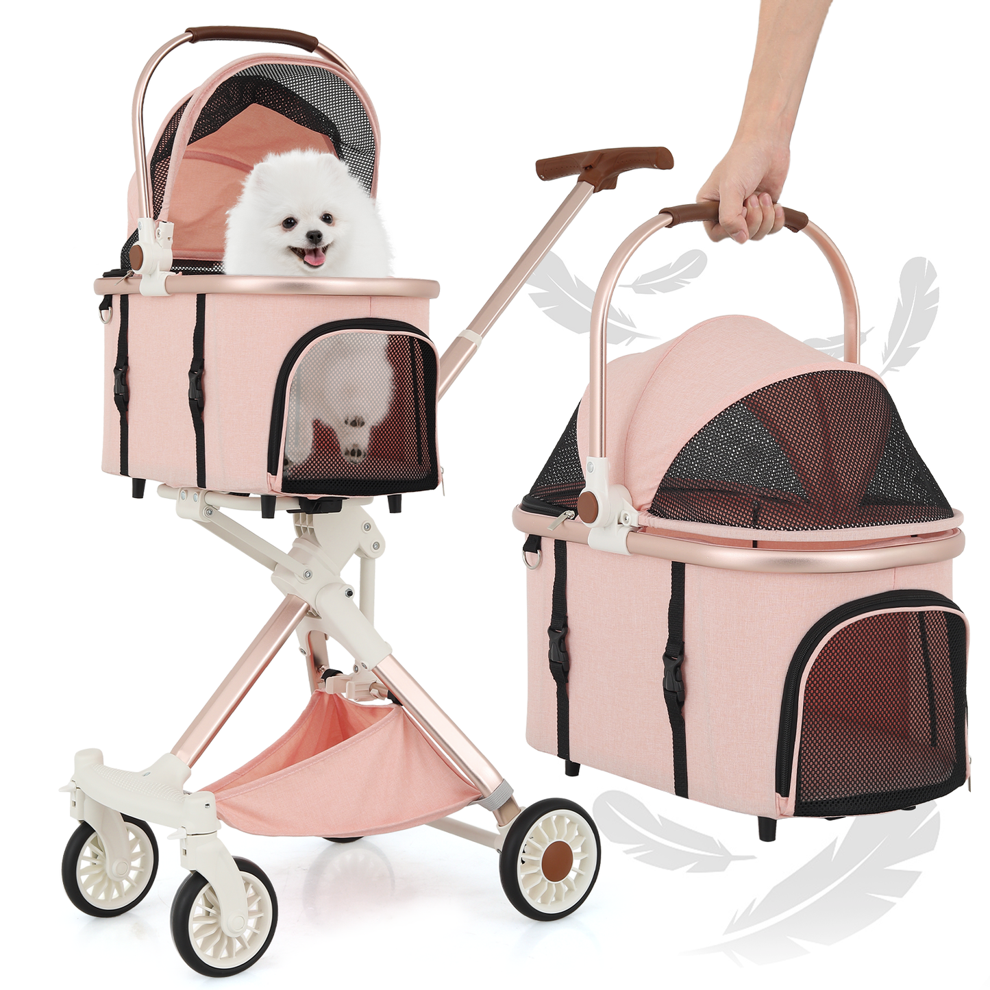 Pet Stroller 22 lbs Capacity - (L)19.0in. (W)32.0in. (H)35-38in. - Detachable Basket - Aluminum Frame - Retractable Handle - 4 Wheels