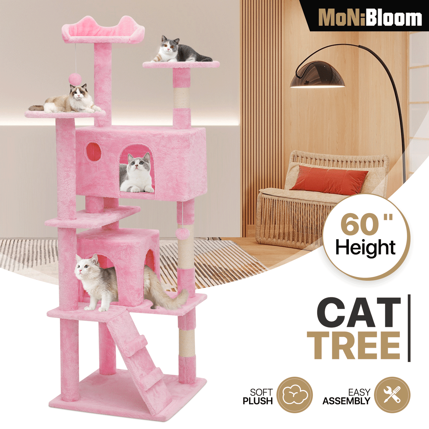 Cat Tree - 60'' Height - w/Anti-Tipping Rope, Fabric Scratching Post