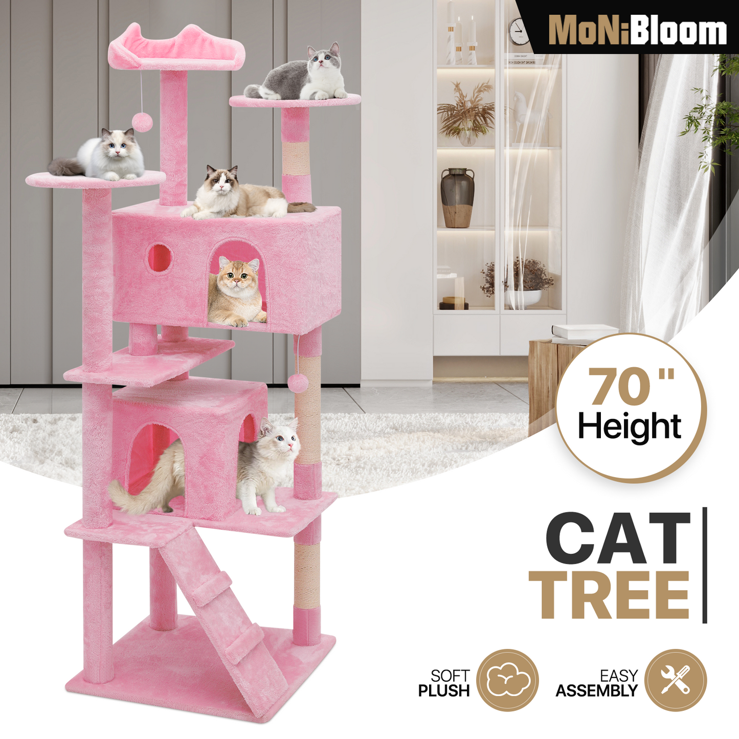Cat Tree - 70'' Height - w/Anti-Tipping Rope, Fabric Scratching Post