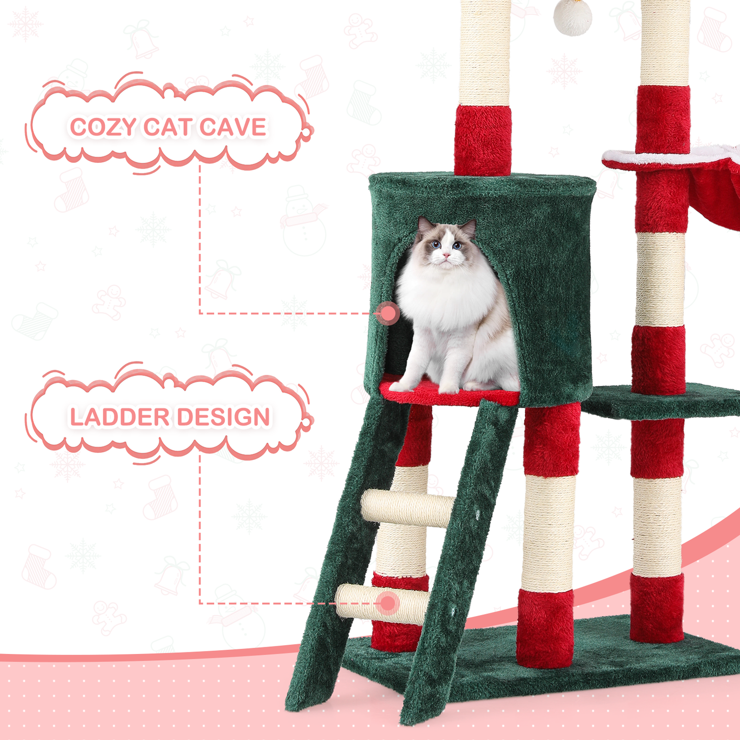 Christmas Design Cat Tree - 55in. Height - w/Condos, Fabric Scratching Post