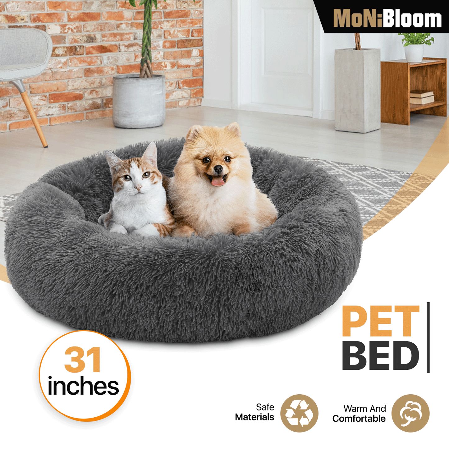 Pet Bed - Round - 31'' Diameter - Long Plush - Machine Washable