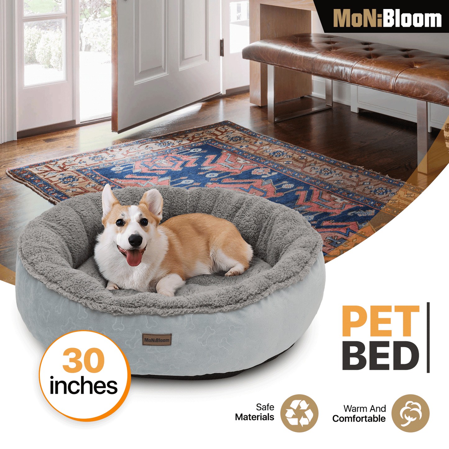 Pet Bed - Round - 30'' Diameter - Short Plush - Machine Washable