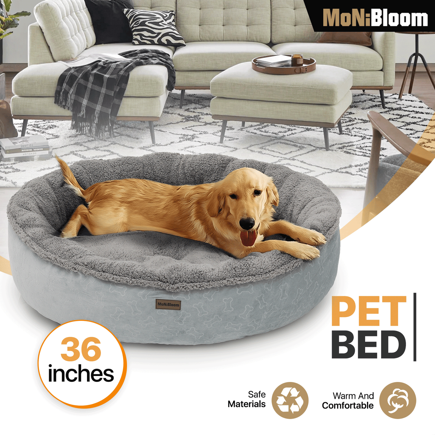 Pet Bed - Round - 36'' Diameter - Short Plush - Machine Washable