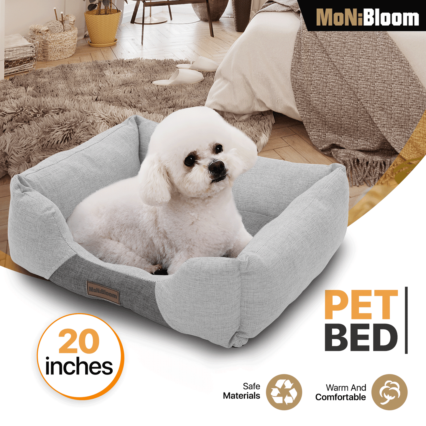 Pet Bed - Rectangle - 20'' Length - Linen-like - Machine Washable