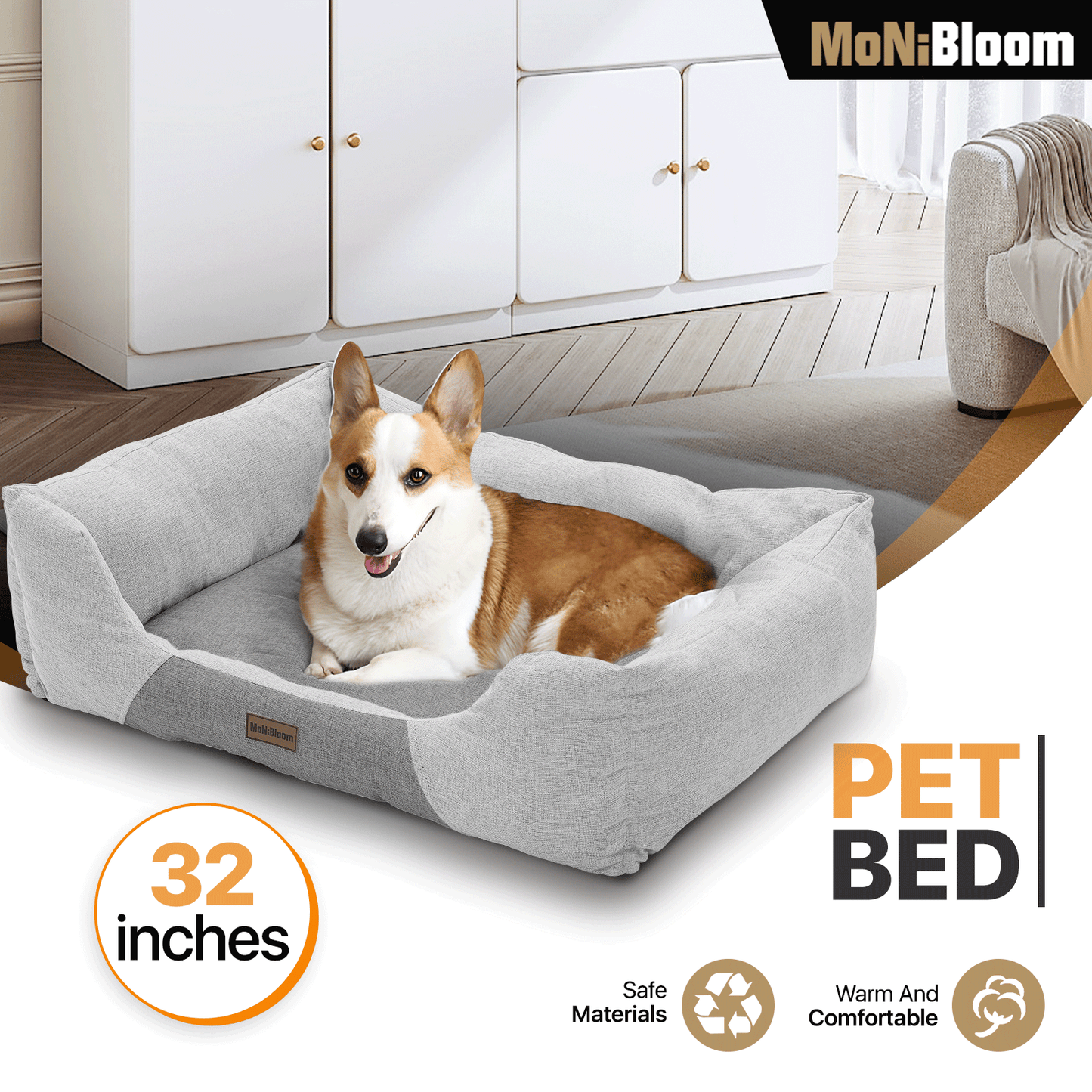 Pet Bed - Rectangle - 32'' Length - Linen-like - Machine Washable