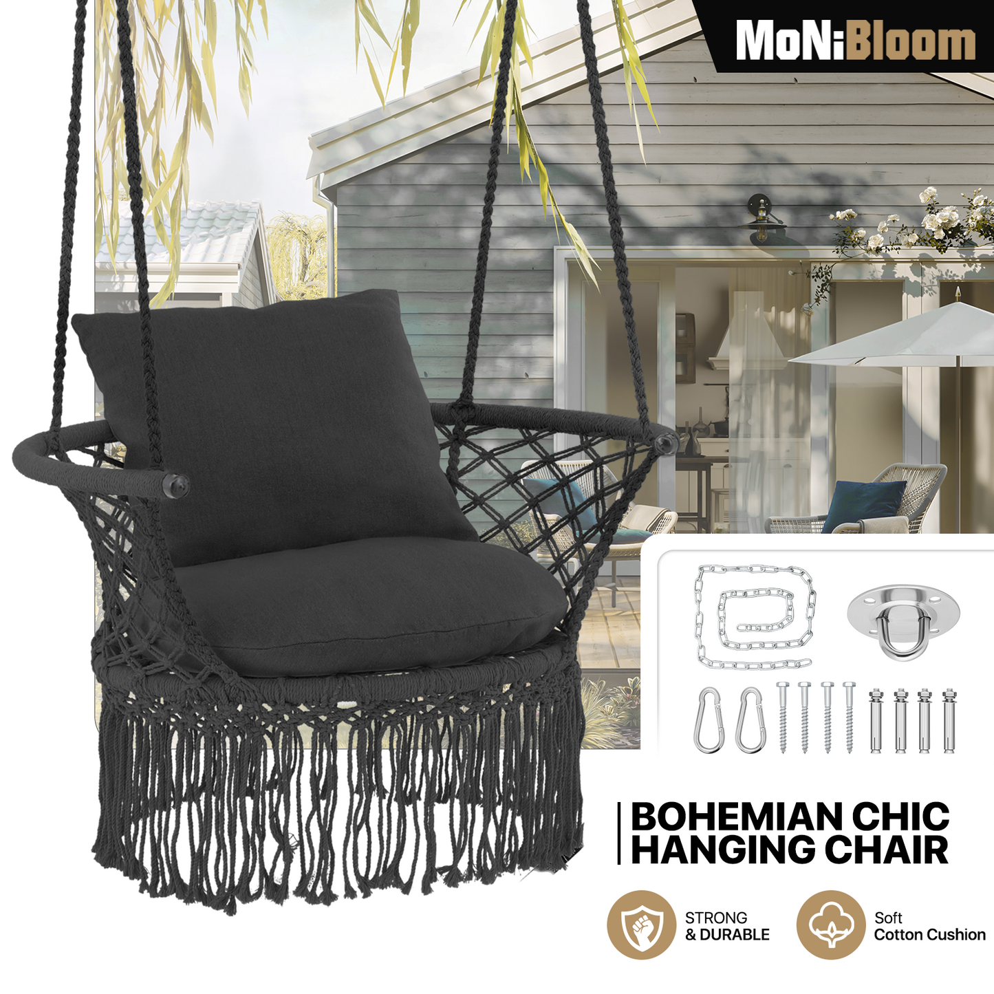 Round Macrame Hammock Hanging Chair - Cotton Cushion Seat