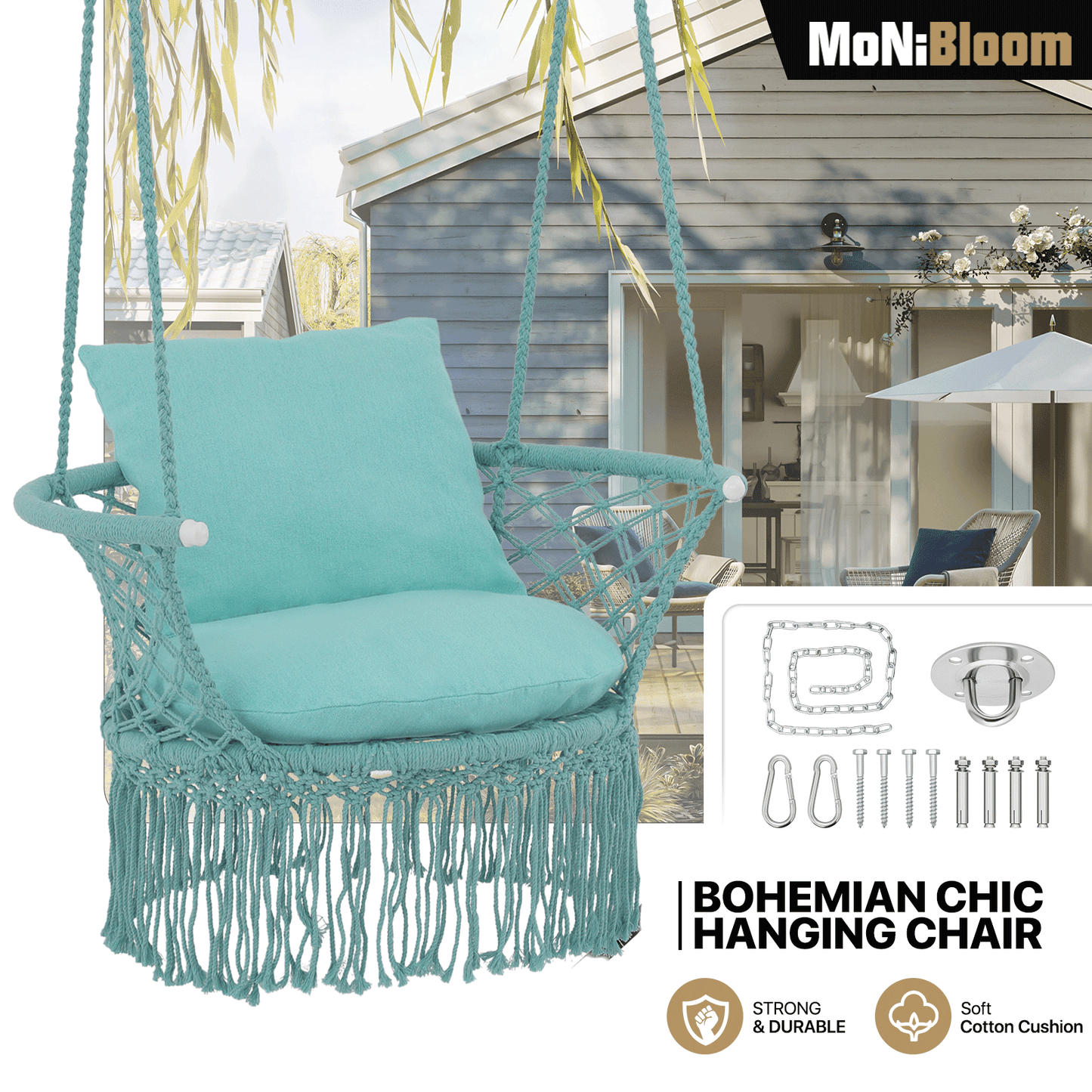Round Macrame Hammock Hanging Chair - Cotton Cushion Seat