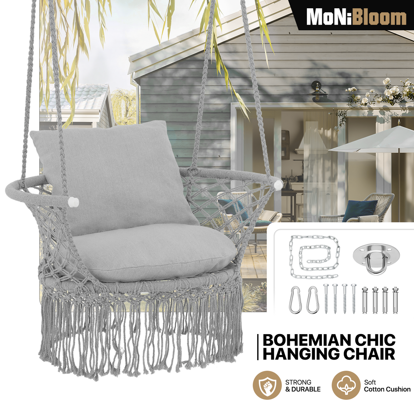 Round Macrame Hammock Hanging Chair - Cotton Cushion Seat