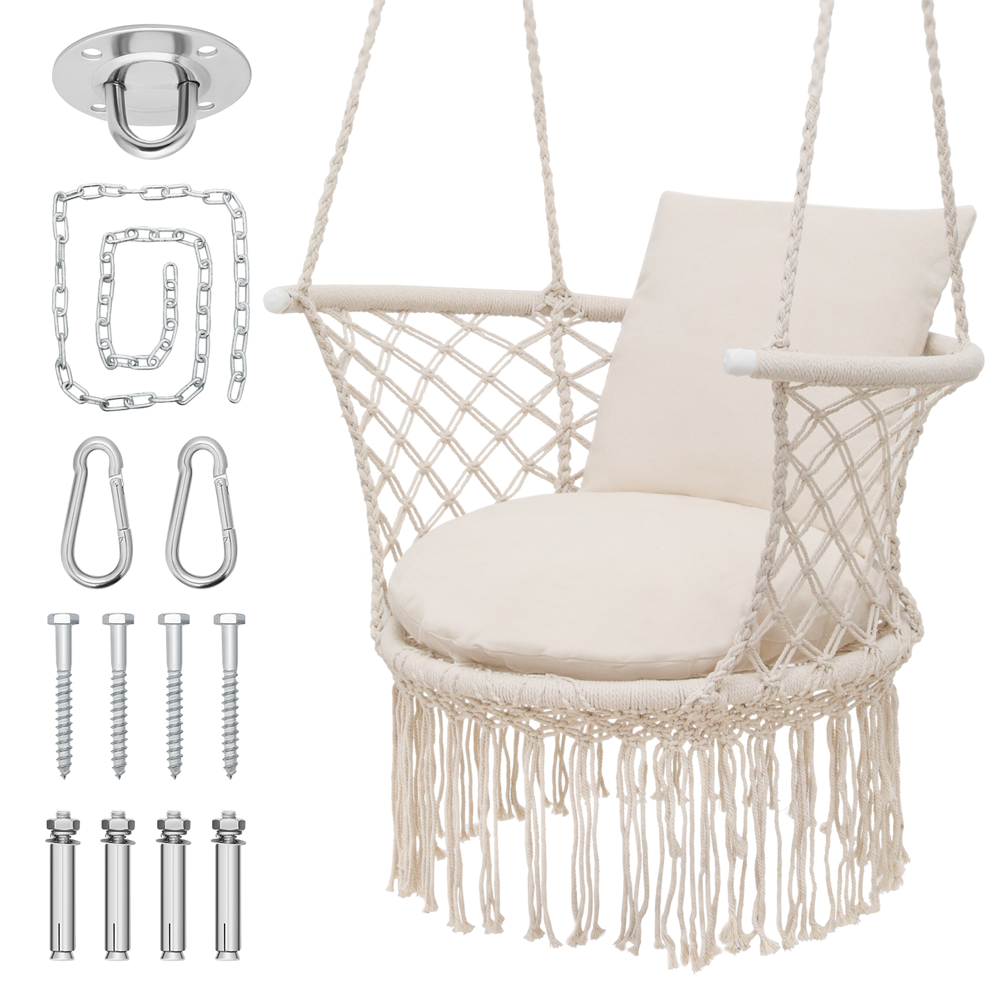 Round Macrame Hammock Hanging Chair - Cotton Cushion Seat