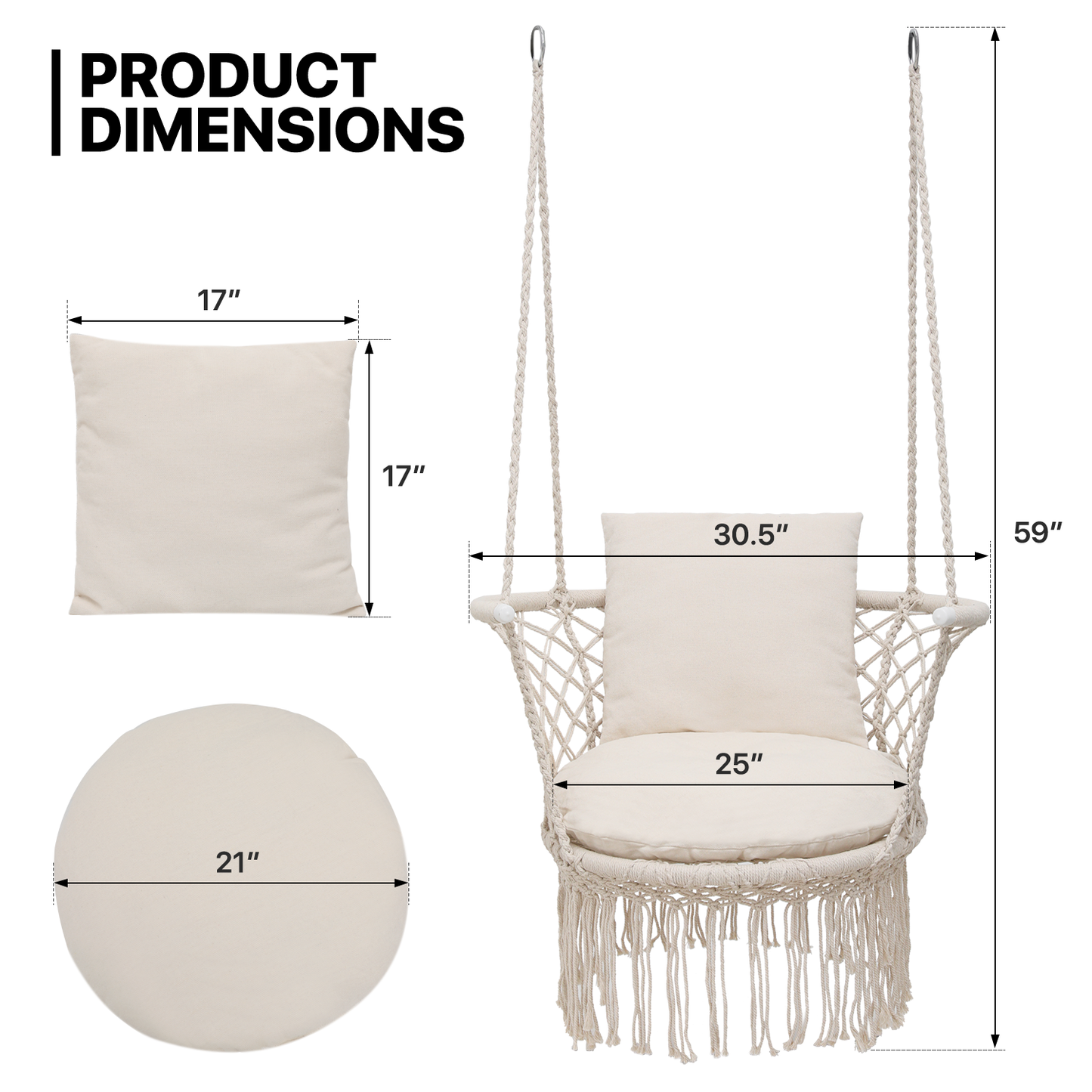 Round Macrame Hammock Hanging Chair - Cotton Cushion Seat