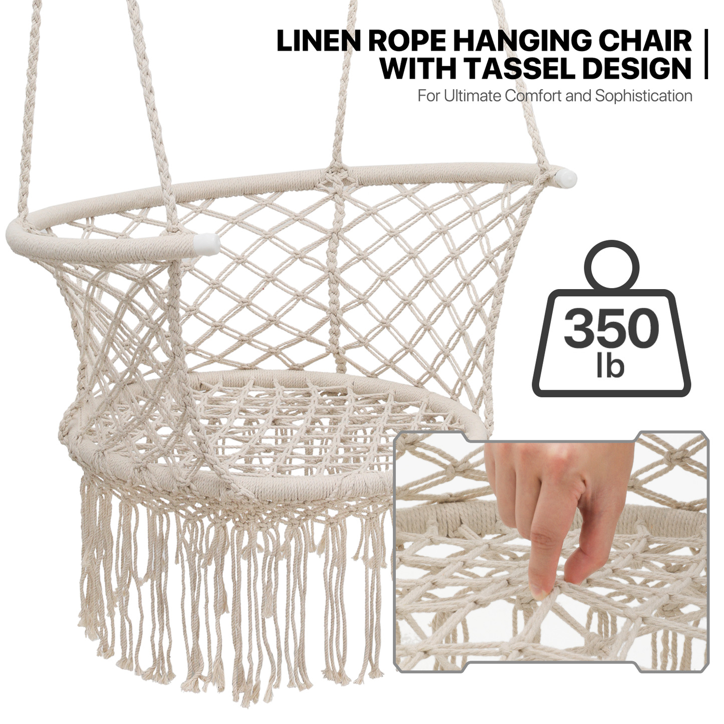 Round Macrame Hammock Hanging Chair - Cotton Cushion Seat