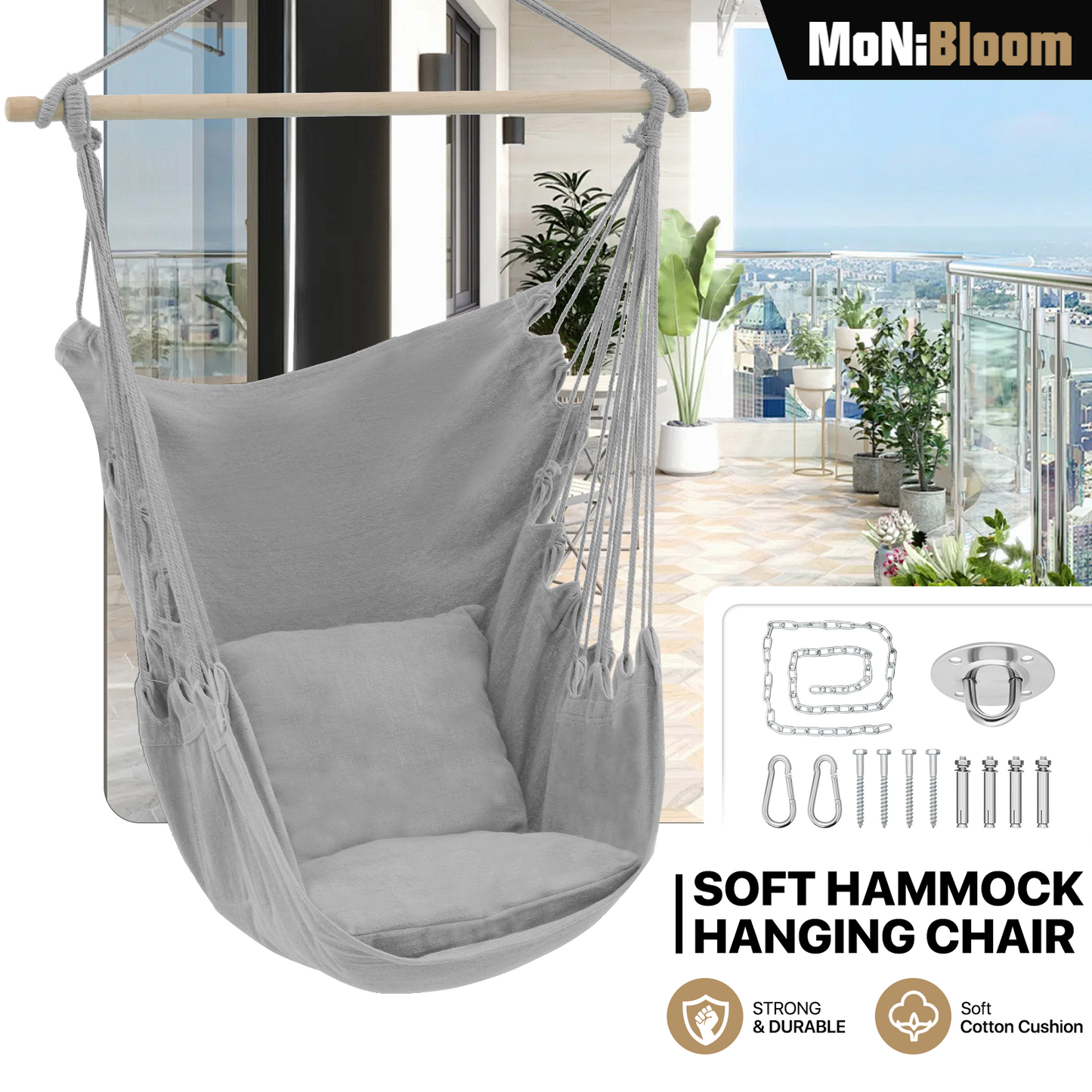 Hanging Rope Swing - Macrame Hammock Chair - Cushion Seat - With Side Pocket