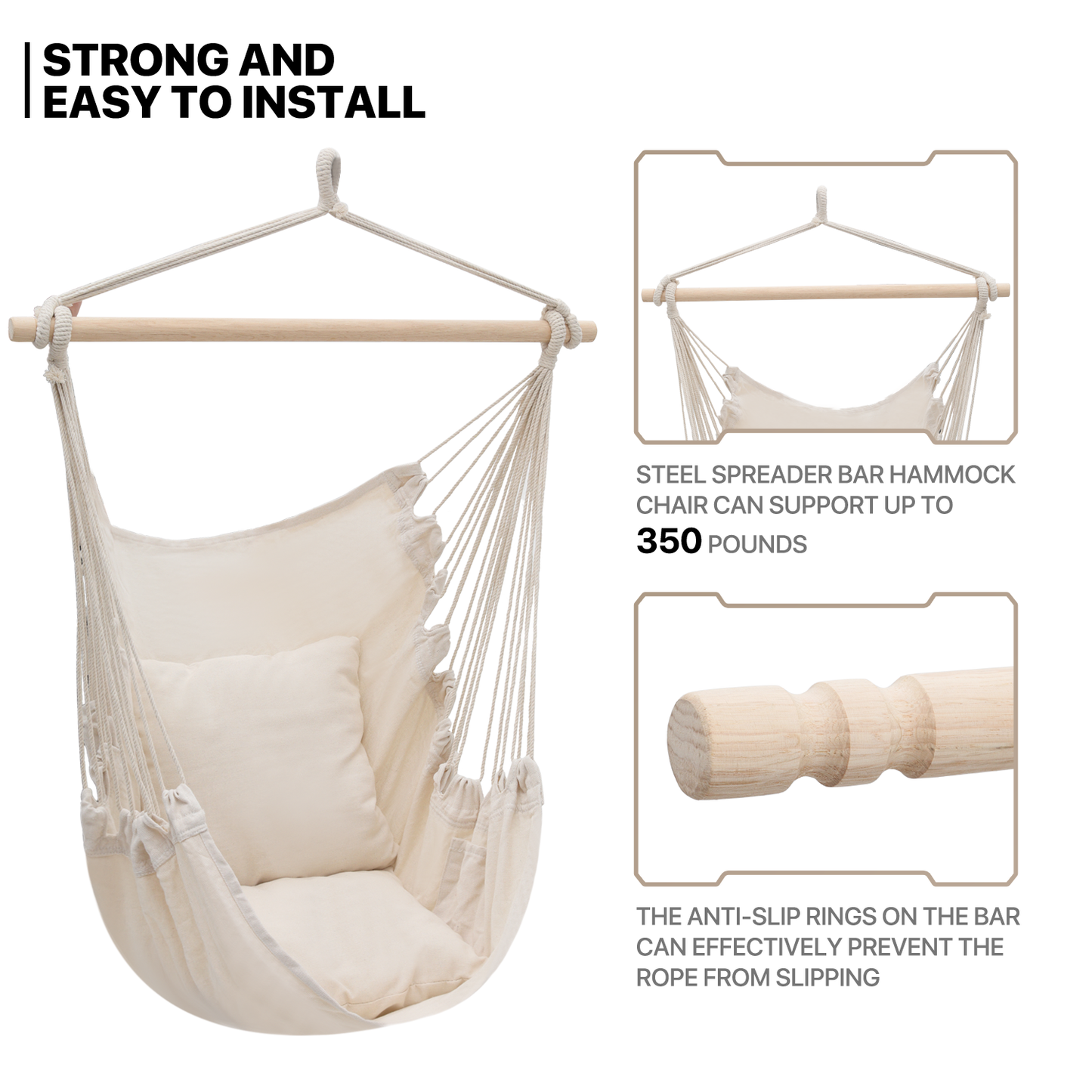 Hanging Rope Swing - Macrame Hammock Chair - Cushion Seat - With Side Pocket