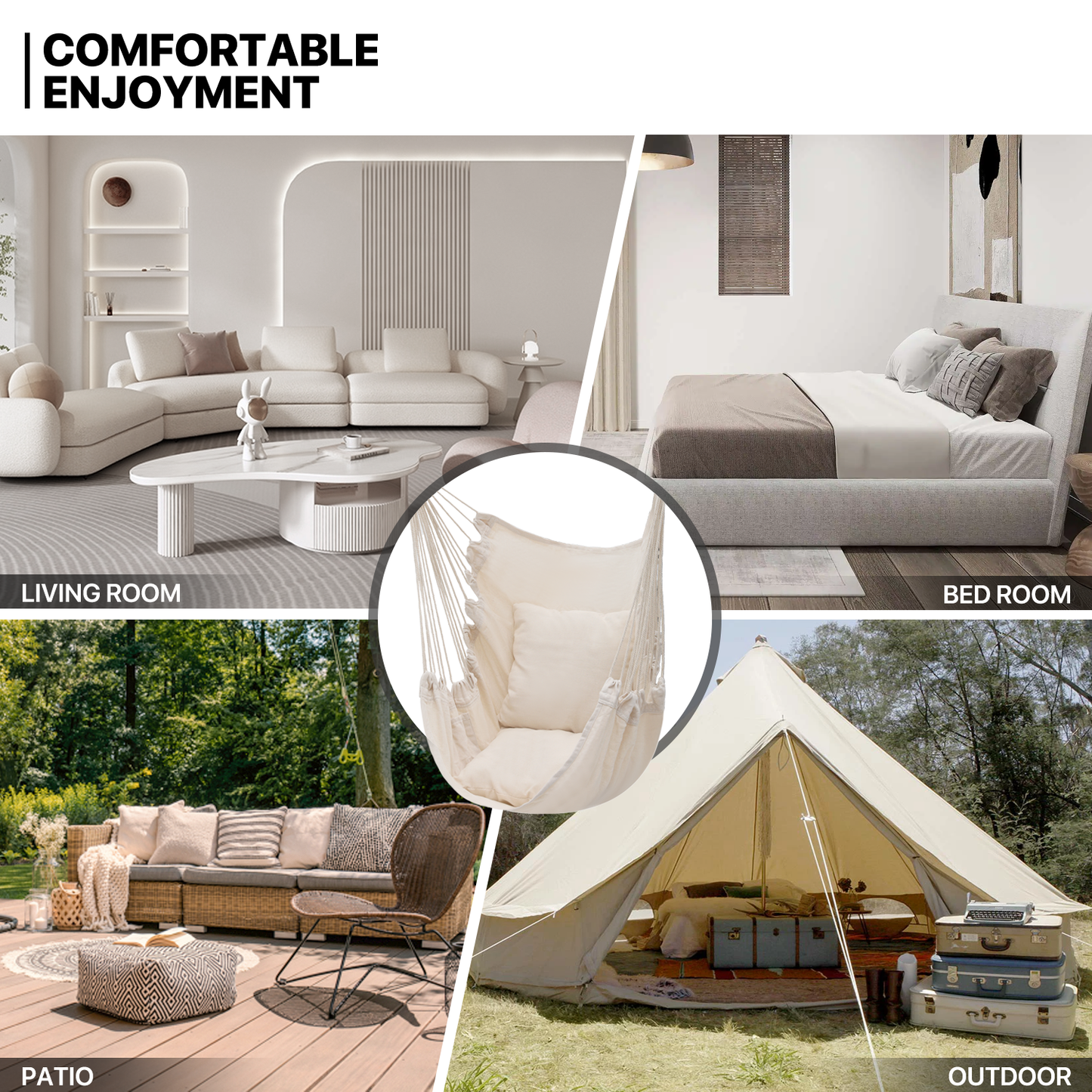 Hanging Rope Swing - Macrame Hammock Chair - Cushion Seat - With Side Pocket