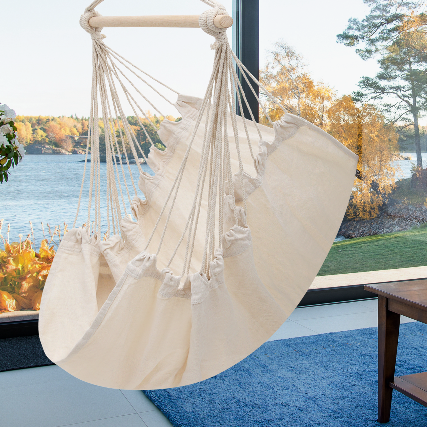 Hanging Rope Swing - Macrame Hammock Chair - Cushion Seat - With Side Pocket