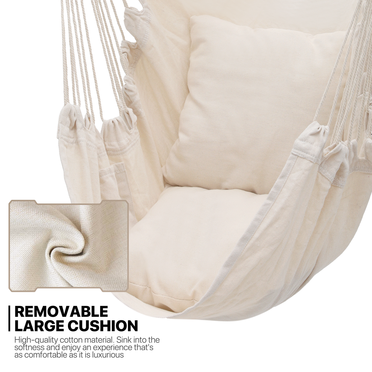 Hanging Rope Swing - Macrame Hammock Chair - Cushion Seat - With Side Pocket