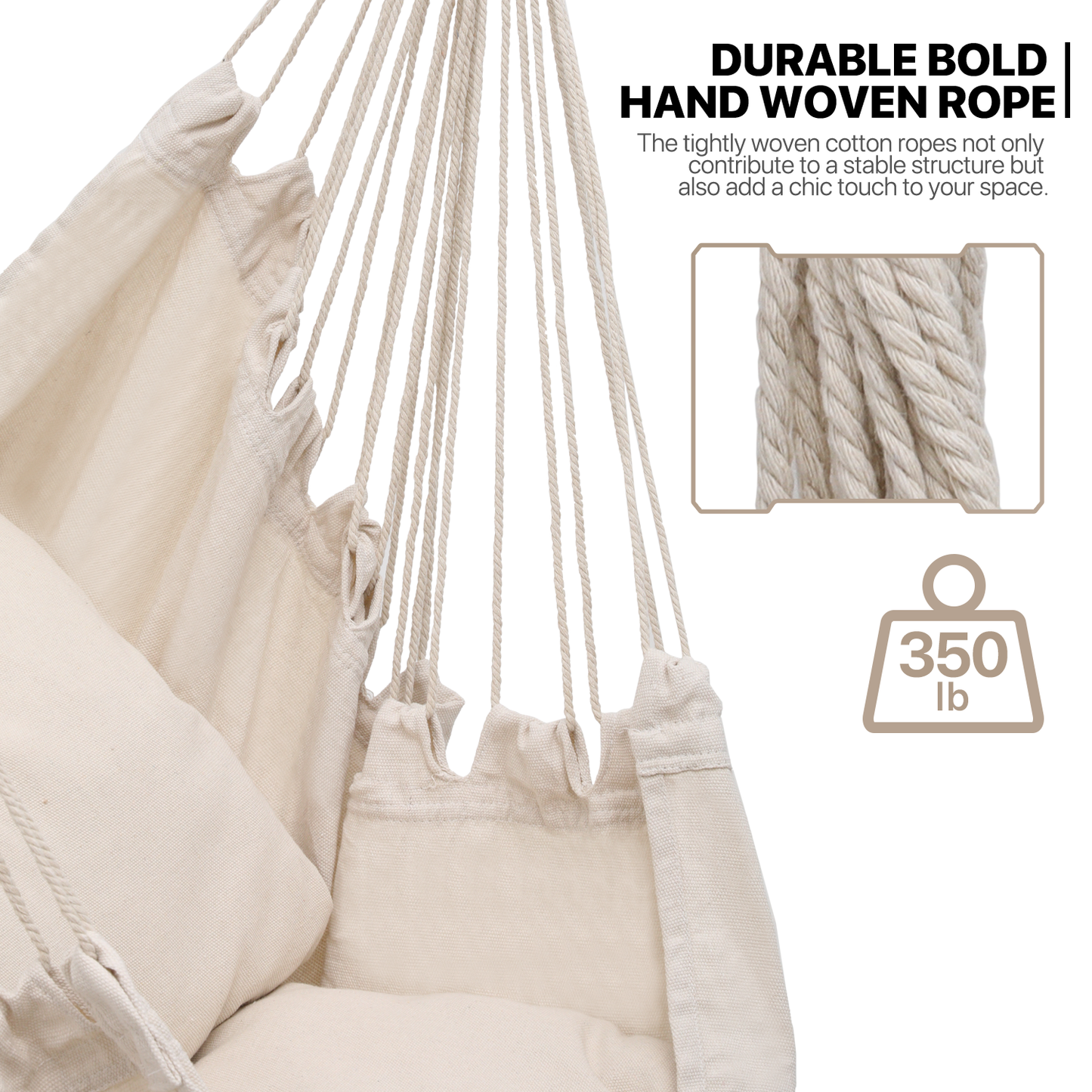 Hanging Rope Swing - Macrame Hammock Chair - Cushion Seat - With Side Pocket