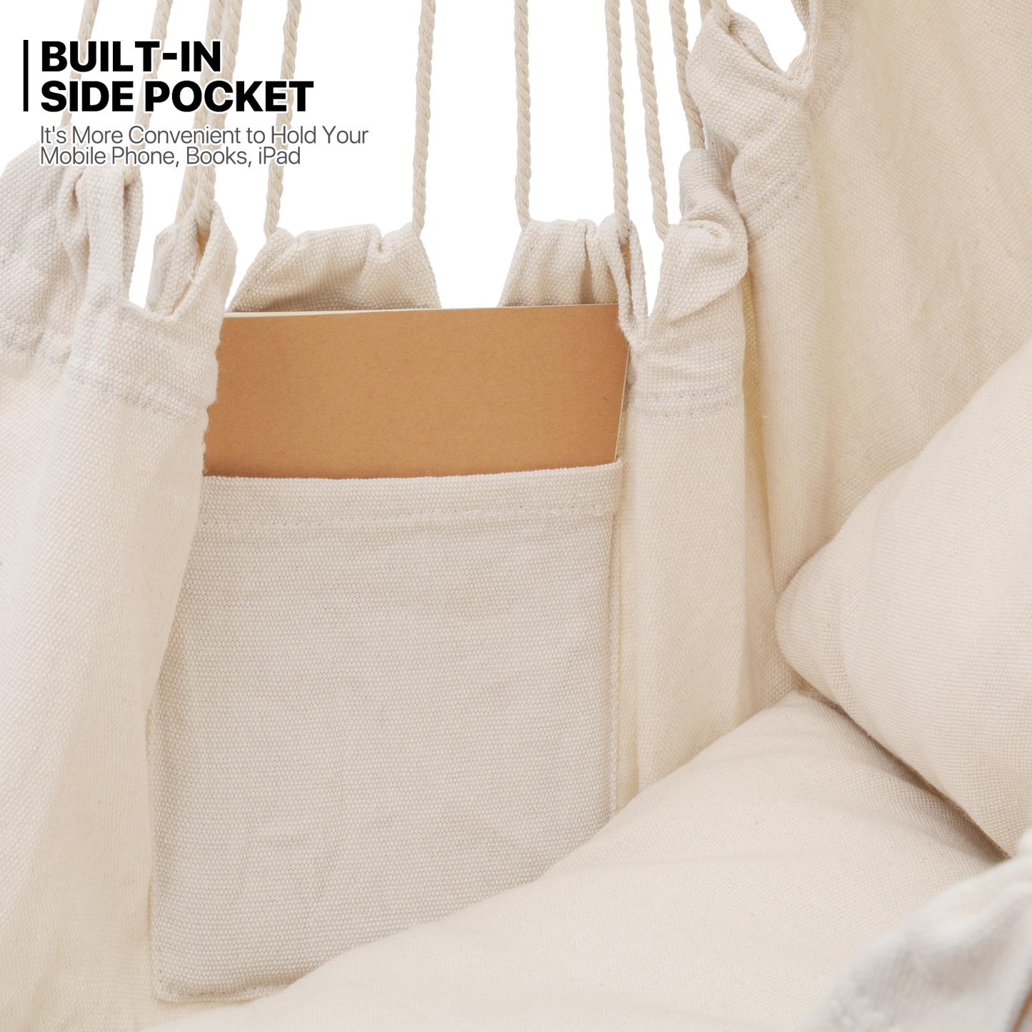 Hanging Rope Swing - Macrame Hammock Chair - Cushion Seat - With Side Pocket