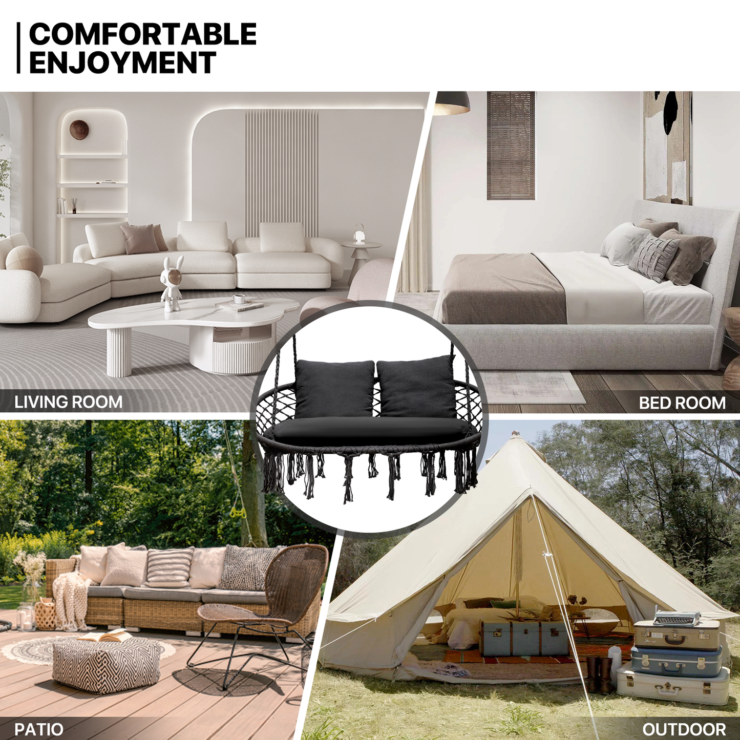 LoveSeat Hammock Chair - Macrame Hanging Rope Swing - 700 lbs - with Tassels