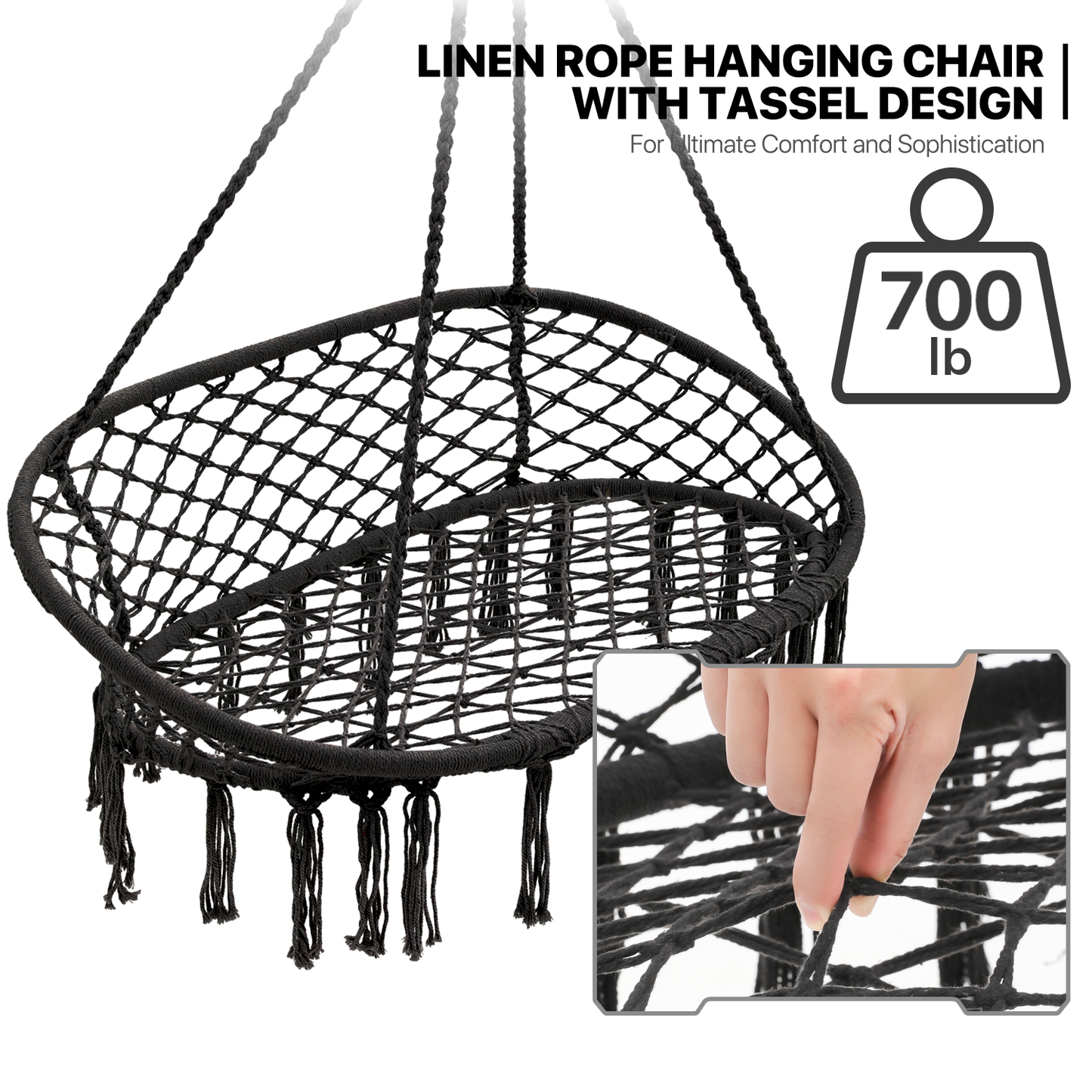 LoveSeat Hammock Chair - Macrame Hanging Rope Swing - 700 lbs - with Tassels