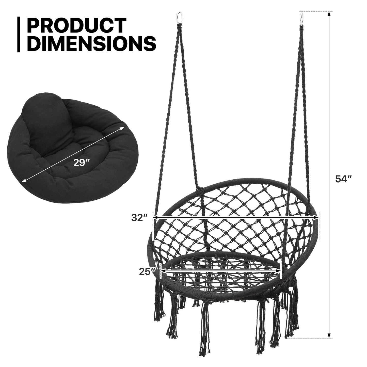 Hanging Cotton Rope Swing - Macrame Hammock Chair - Cushion Seat