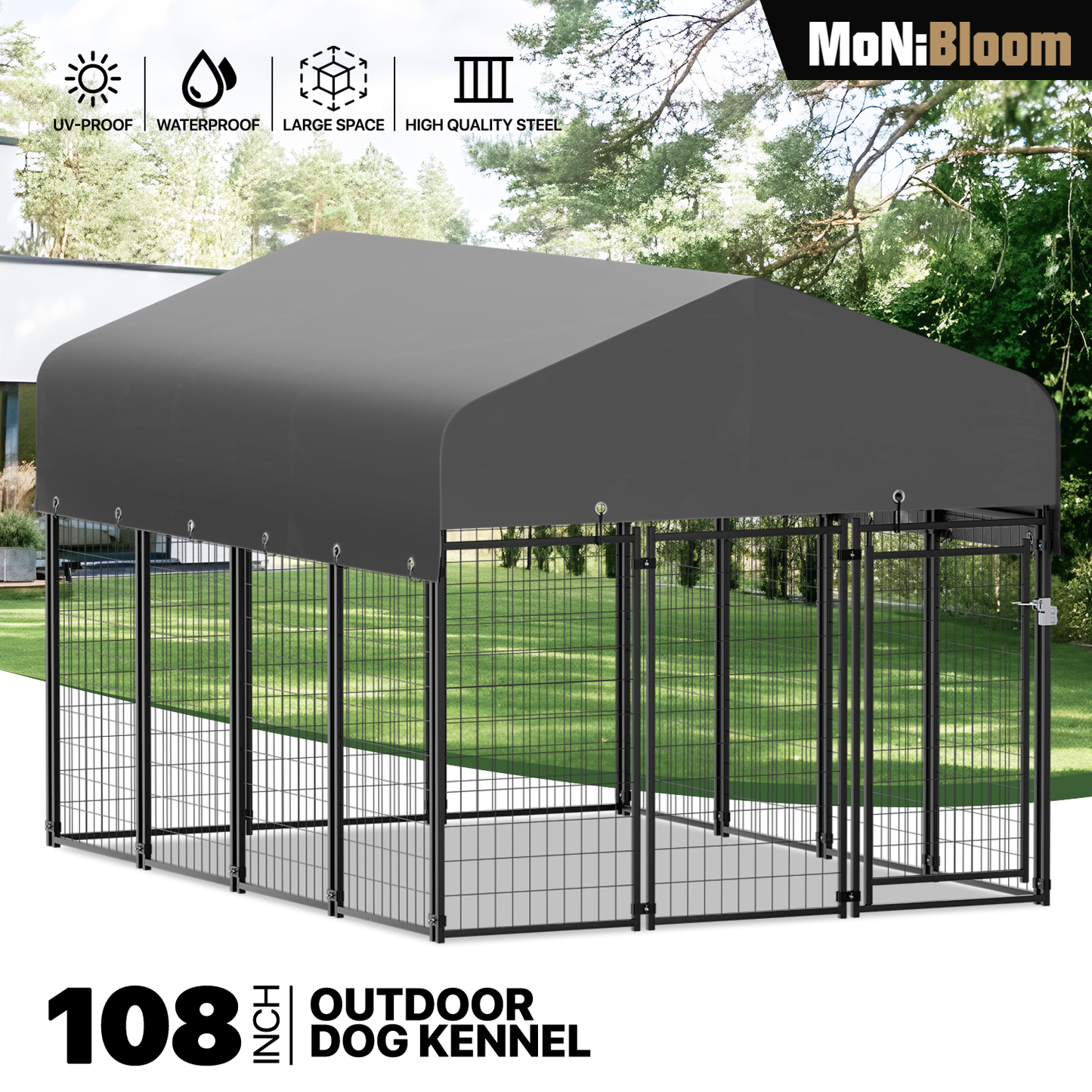 Yard Kennel - 108''Length w/ Roof Cover - Black