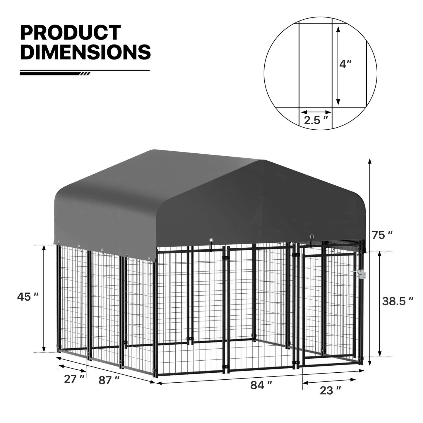 Yard Kennel - 87''Length w/ Roof Cover - Black