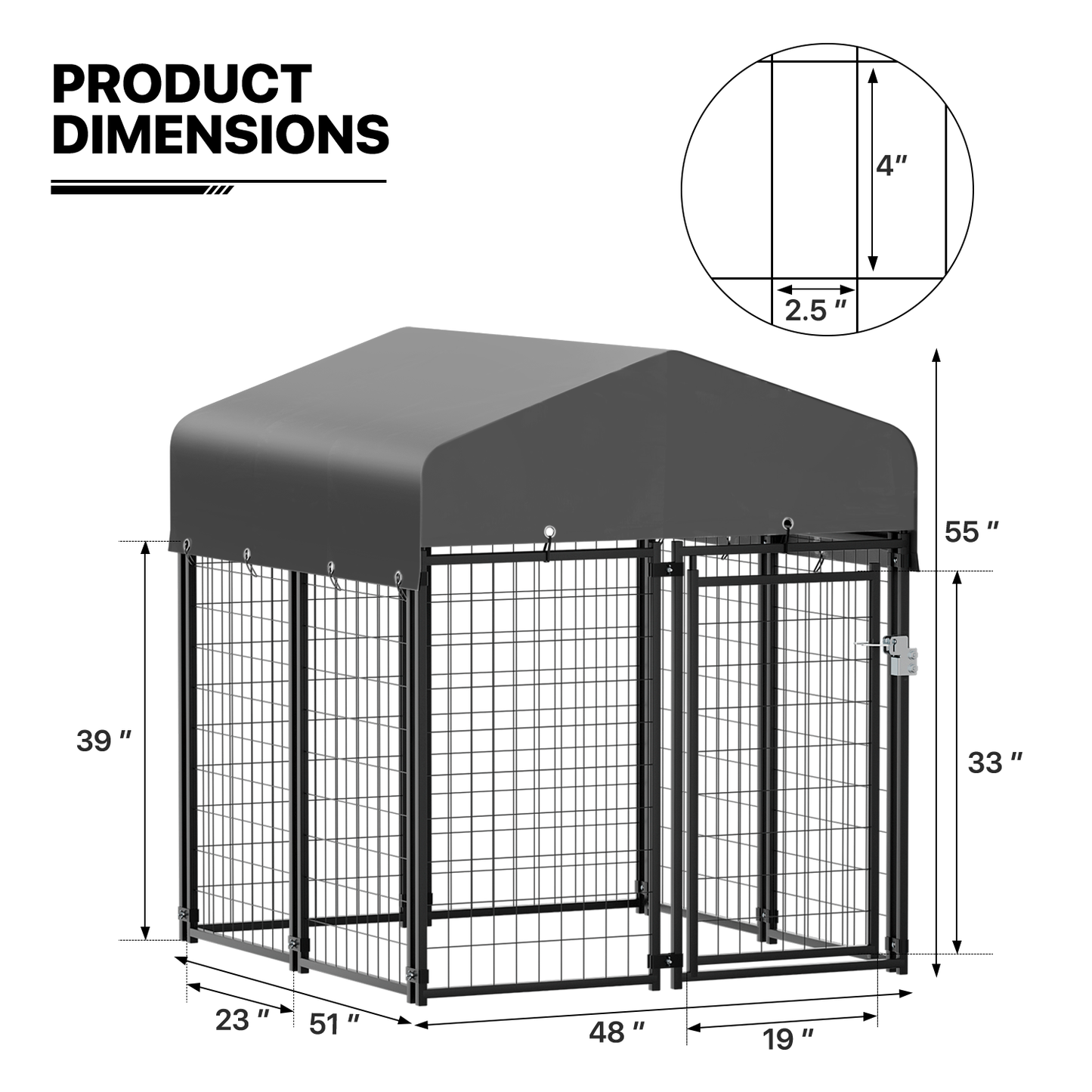 Yard Kennel - 51''Length w/ Roof Cover - Black