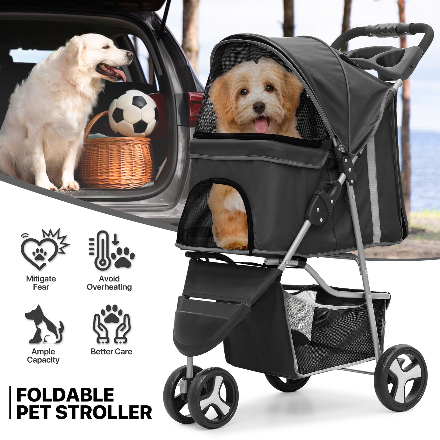 Pet Stroller - Adjustable Sunshade+Storage Basket