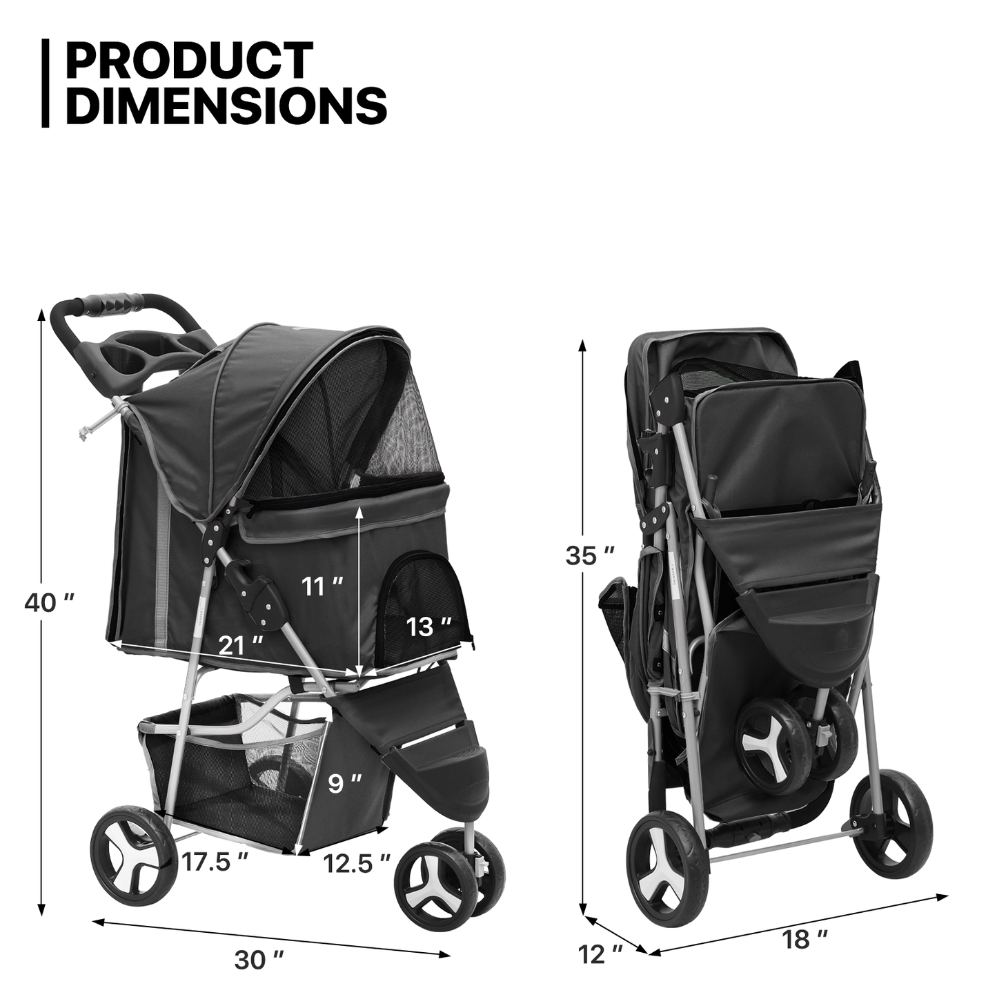 Pet Stroller - Adjustable Sunshade+Storage Basket