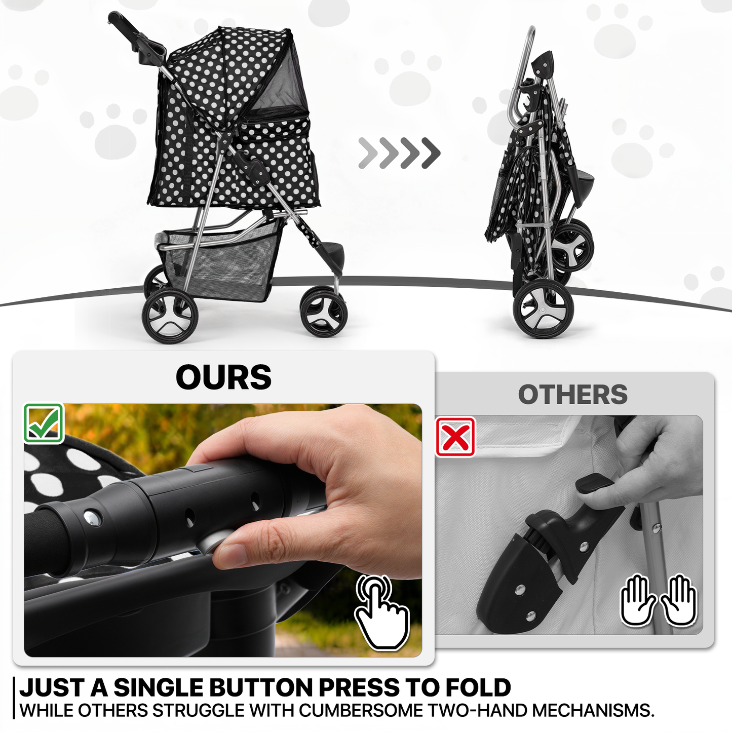 Pet Stroller 33 lbs Capacity - w/ Weatherproof Cover, Cup Holders & Undercarriage Baske - 3 Wheels