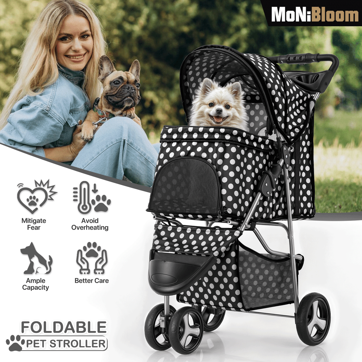Pet Stroller 33 lbs Capacity - w/ Weatherproof Cover, Cup Holders & Undercarriage Baske - 3 Wheels