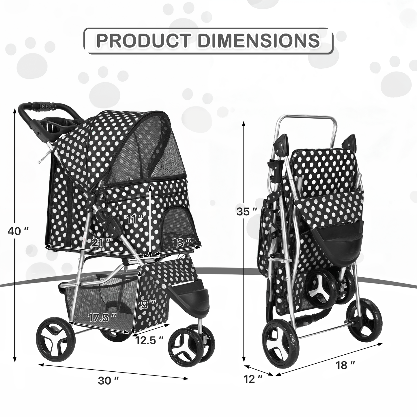 Pet Stroller 33 lbs Capacity - w/ Weatherproof Cover, Cup Holders & Undercarriage Baske - 3 Wheels
