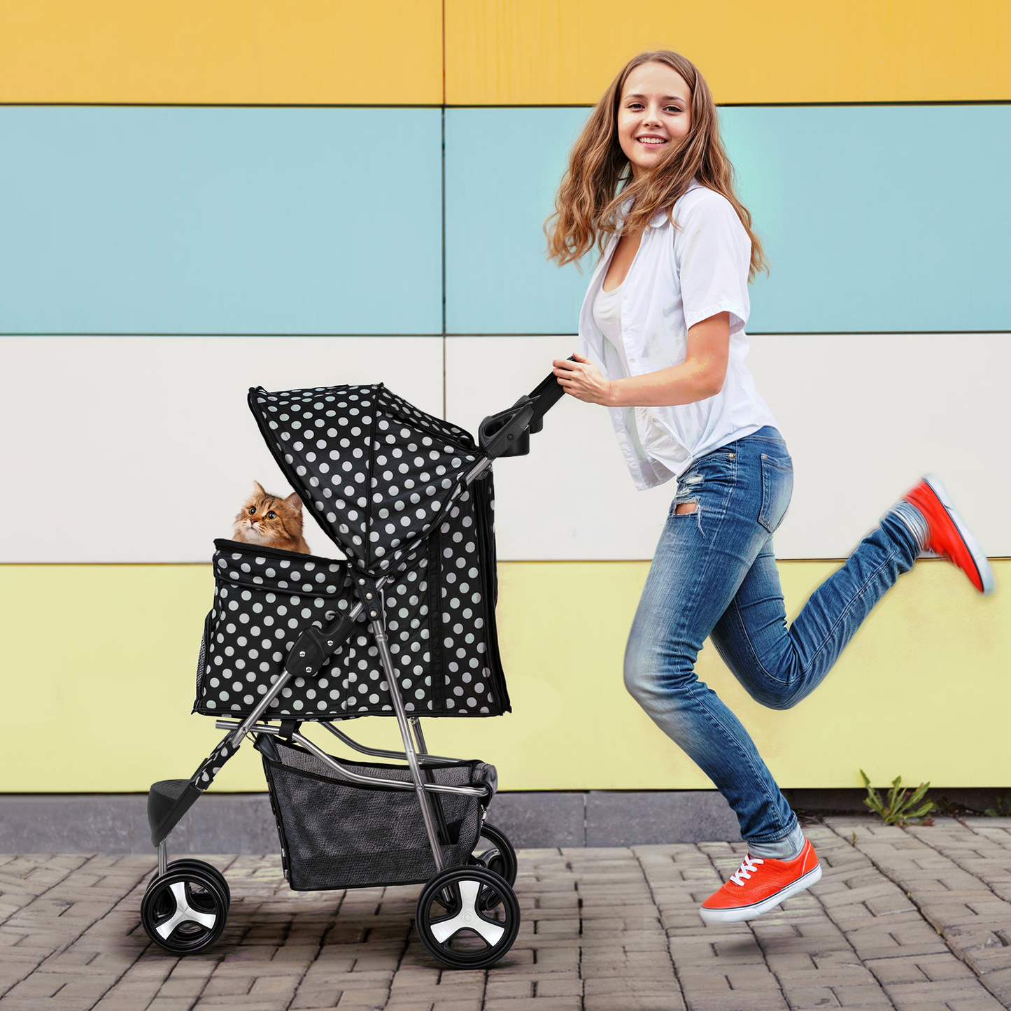 Pet Stroller 33 lbs Capacity - w/ Weatherproof Cover, Cup Holders & Undercarriage Baske - 3 Wheels