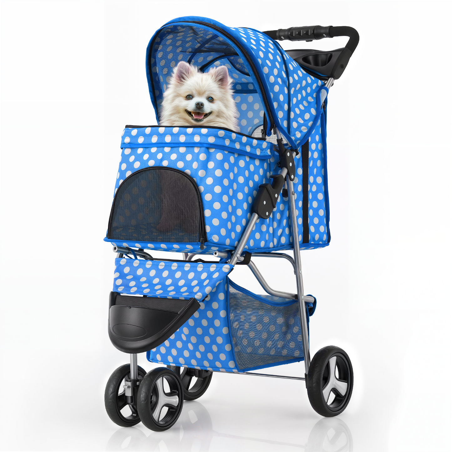 Pet Stroller 33 lbs Capacity - w/ Weatherproof Cover, Cup Holders & Undercarriage Baske - 3 Wheels