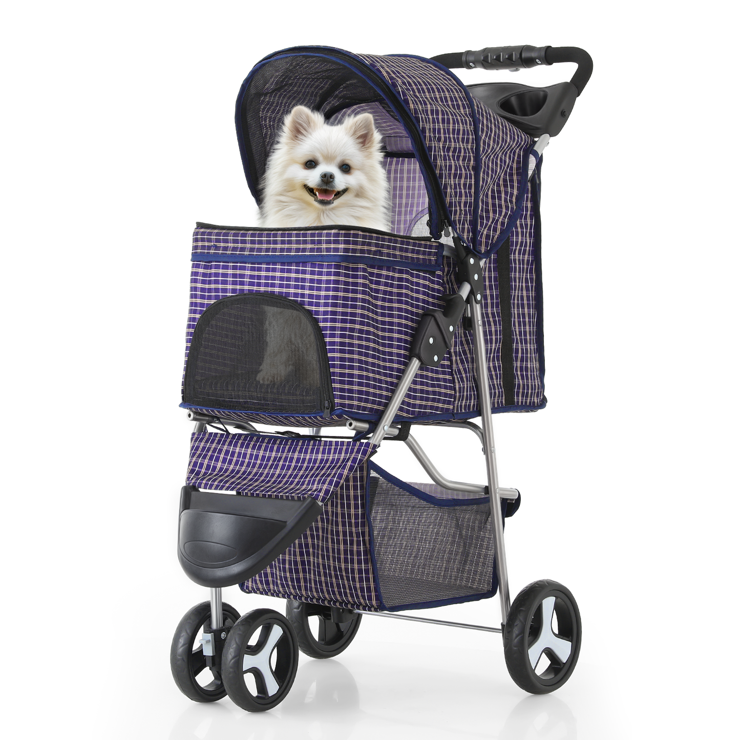 Pet Stroller 33 lbs Capacity - w/ Weatherproof Cover, Cup Holders & Undercarriage Baske - 3 Wheels