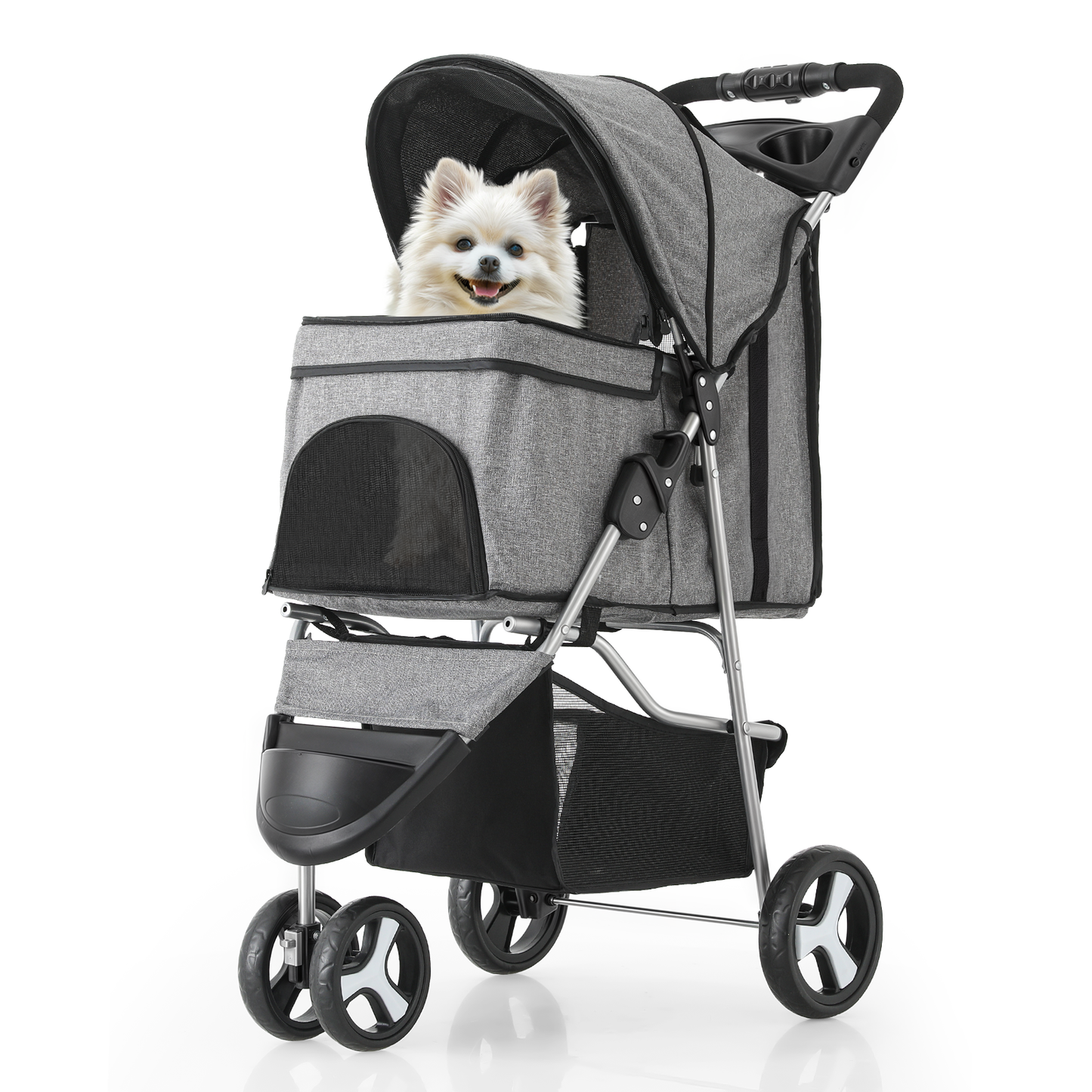 Pet Stroller 33 lbs Capacity - w/ Weatherproof Cover, Cup Holders & Undercarriage Baske - 3 Wheels