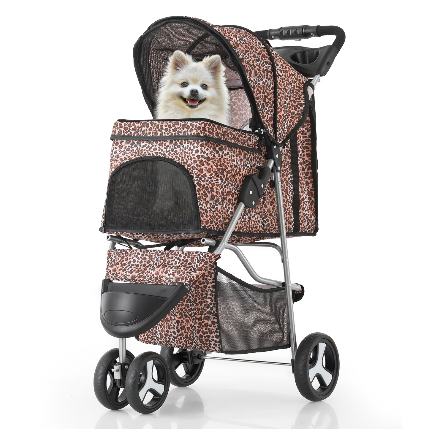 Pet Stroller 33 lbs Capacity - w/ Weatherproof Cover, Cup Holders & Undercarriage Baske - 3 Wheels