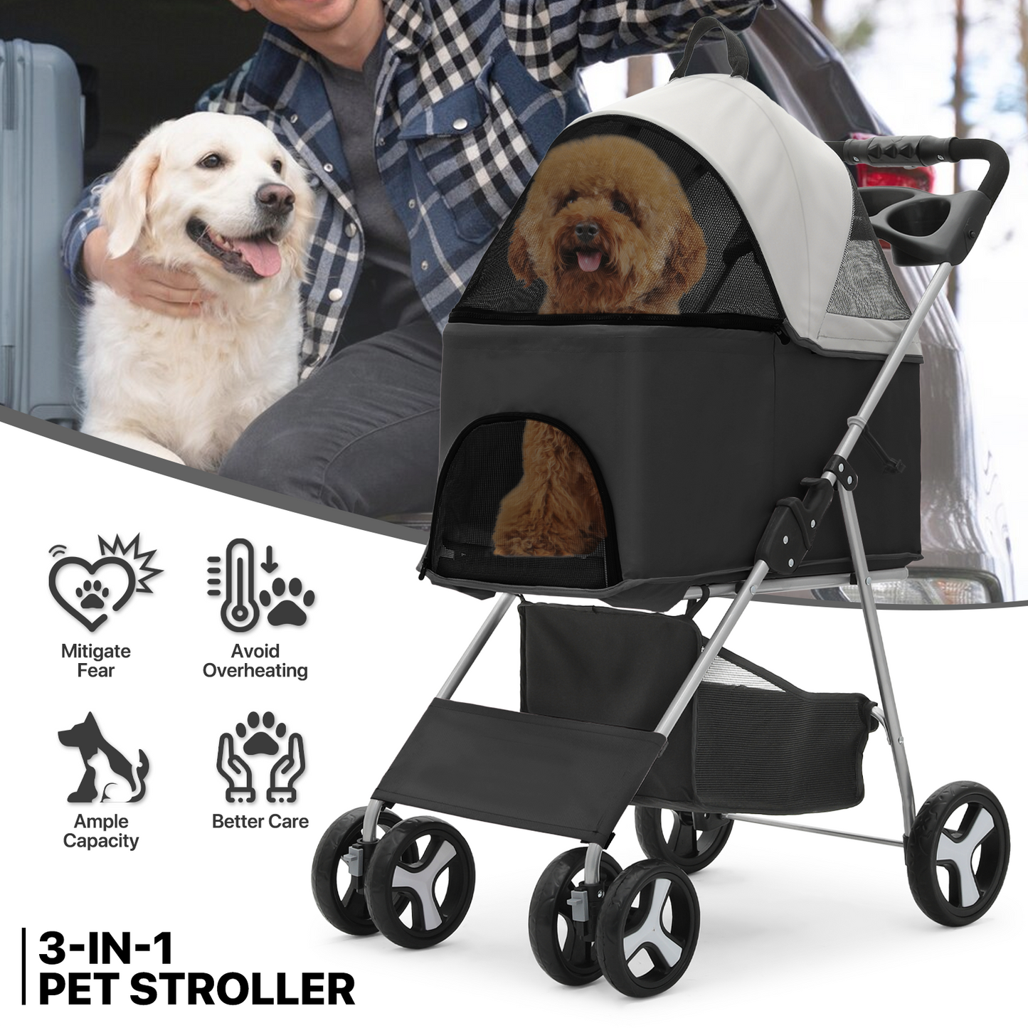4 Wheels Pet Stroller - 28*19*38 inch - Detachable Basket
